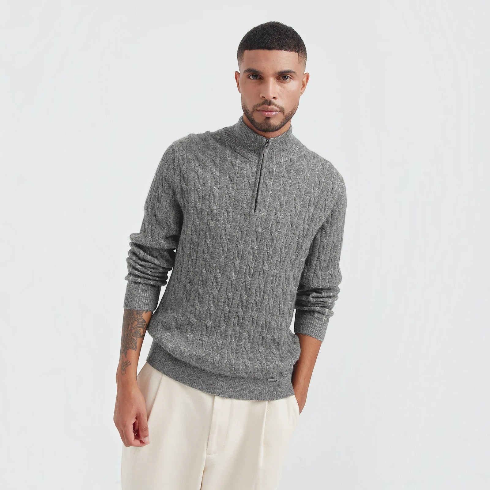 Calypso men’s 100% Baby Alpaca half zip sweater in grey