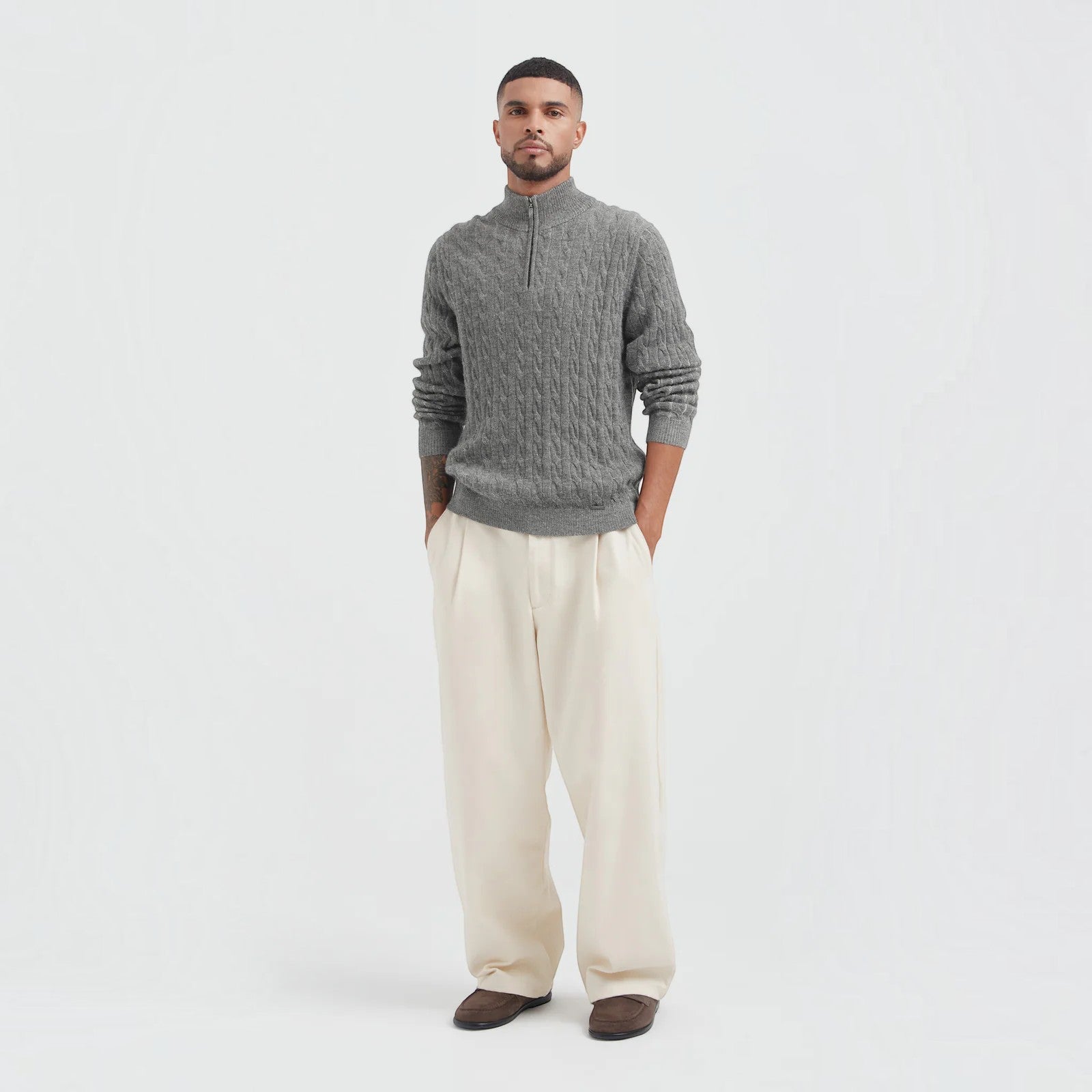 Men’s cable knit 100% Baby Alpaca sweater with half zip neckline