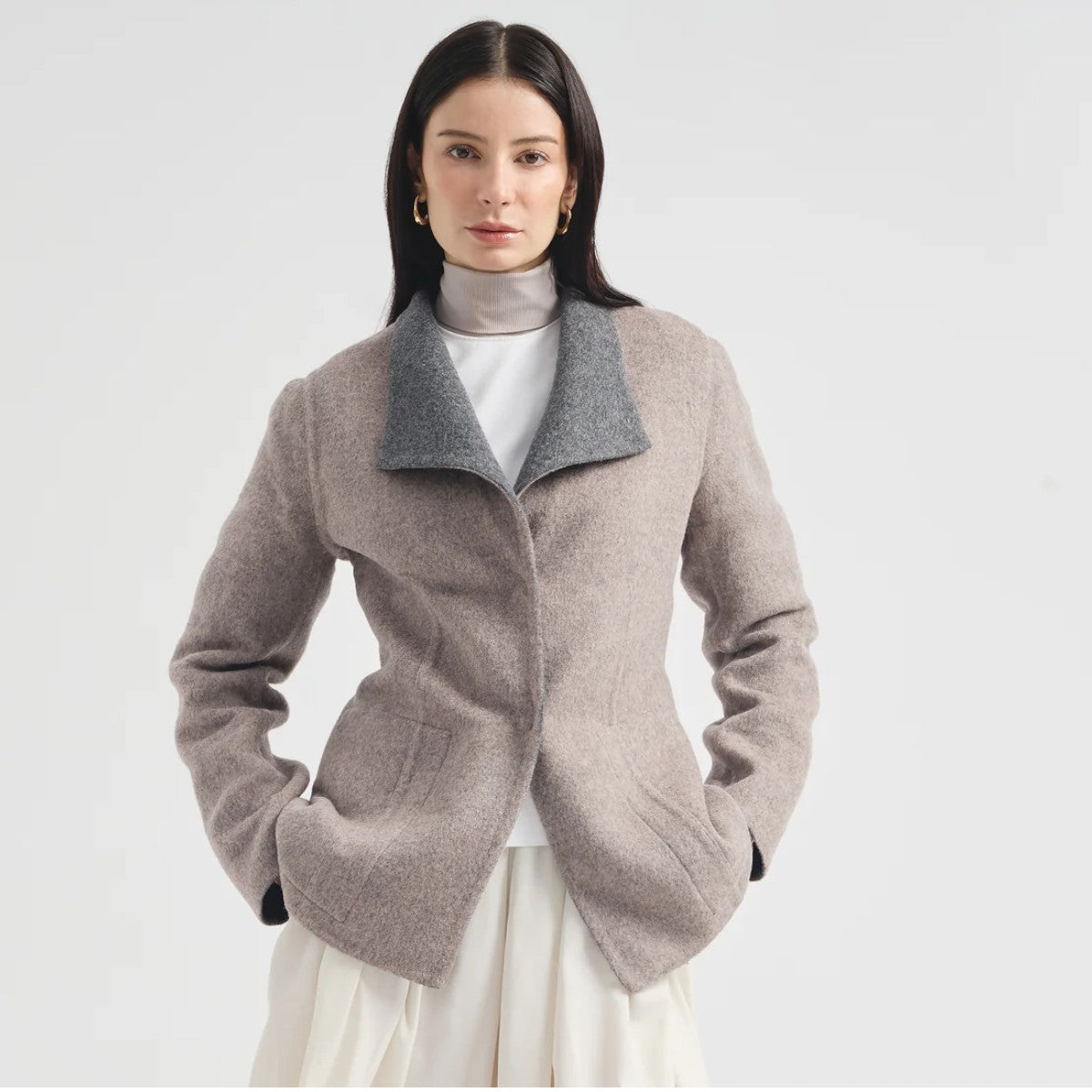 Grey and beige Camelia alpaca wool jacket with reversible design