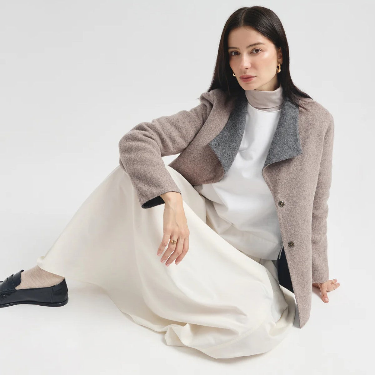 Camelia reversible alpaca jacket styled in soft neutral tones