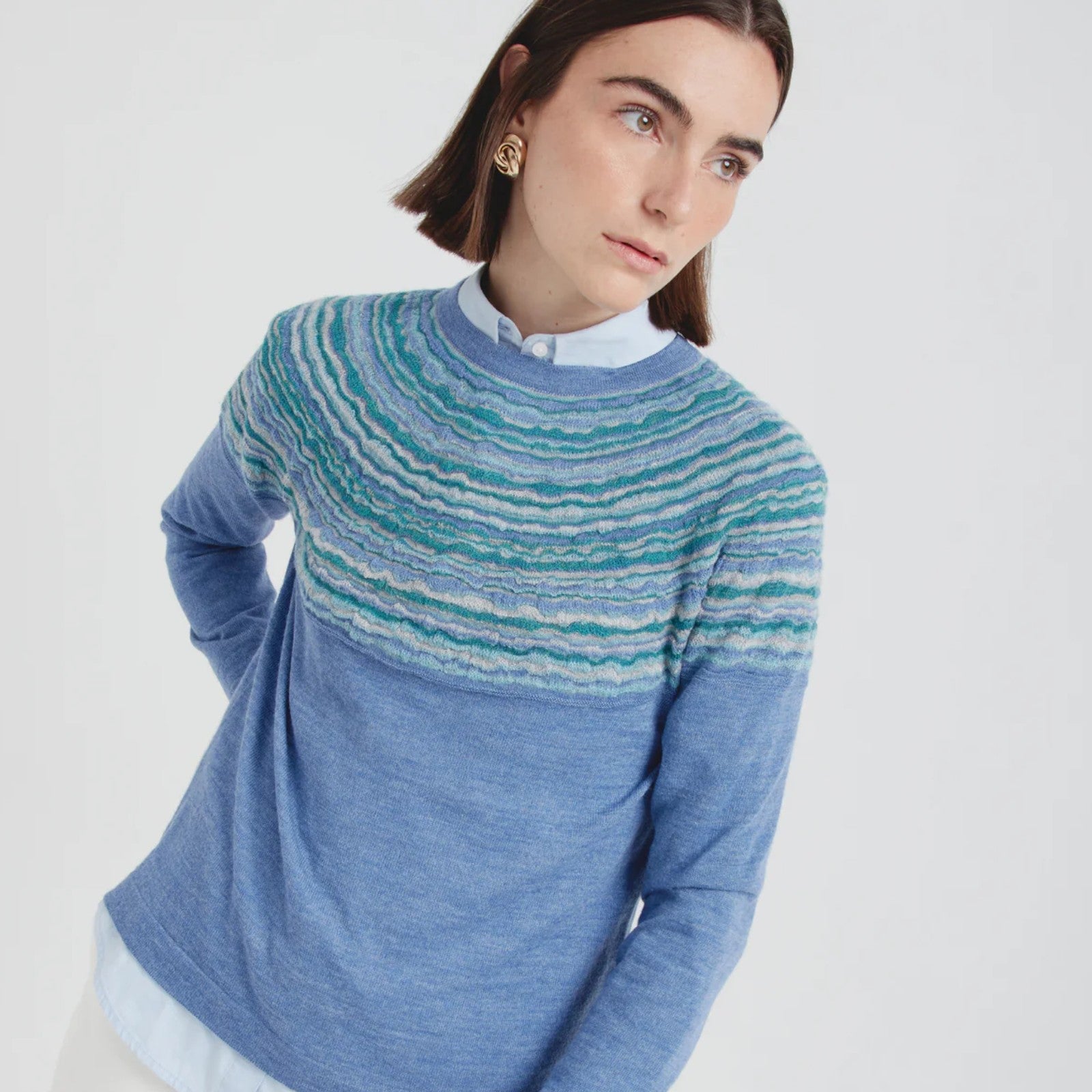 Canela 100% Baby Alpaca Sweater in light blue with striped yoke detail
