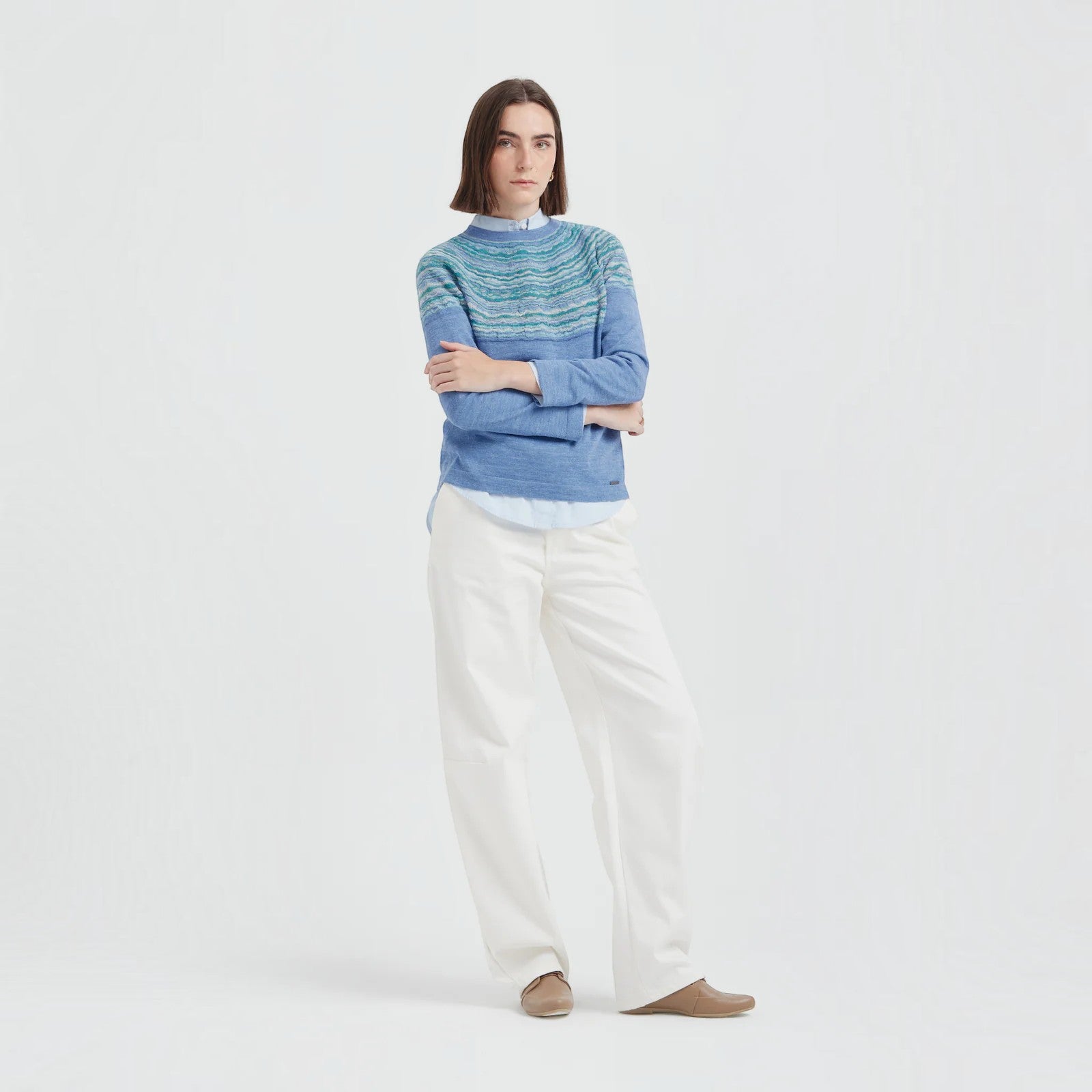 Women’s 100% Baby Alpaca crew neck sweater in soft light blue
