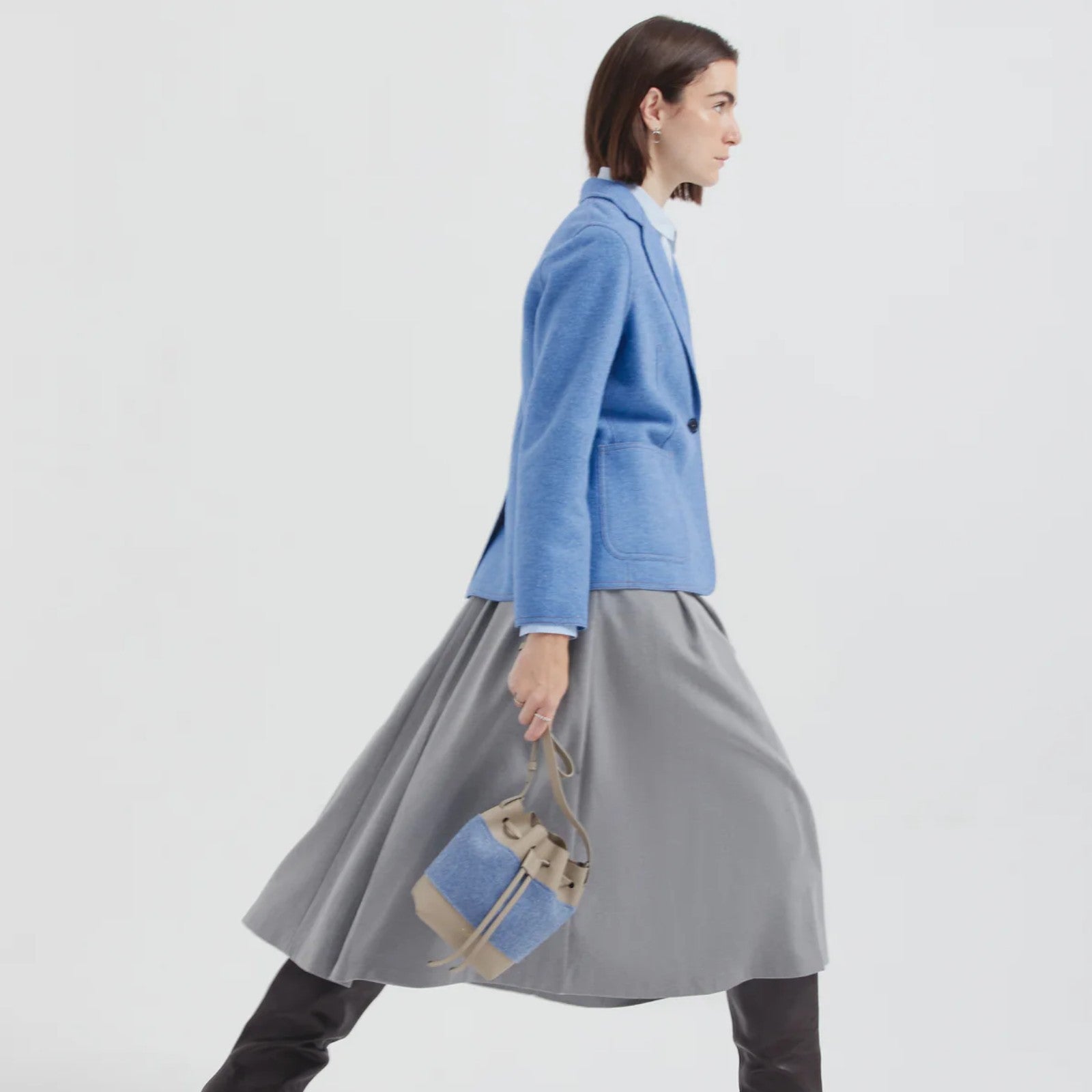 Women’s tailored blue alpaca jacket with single-button closure