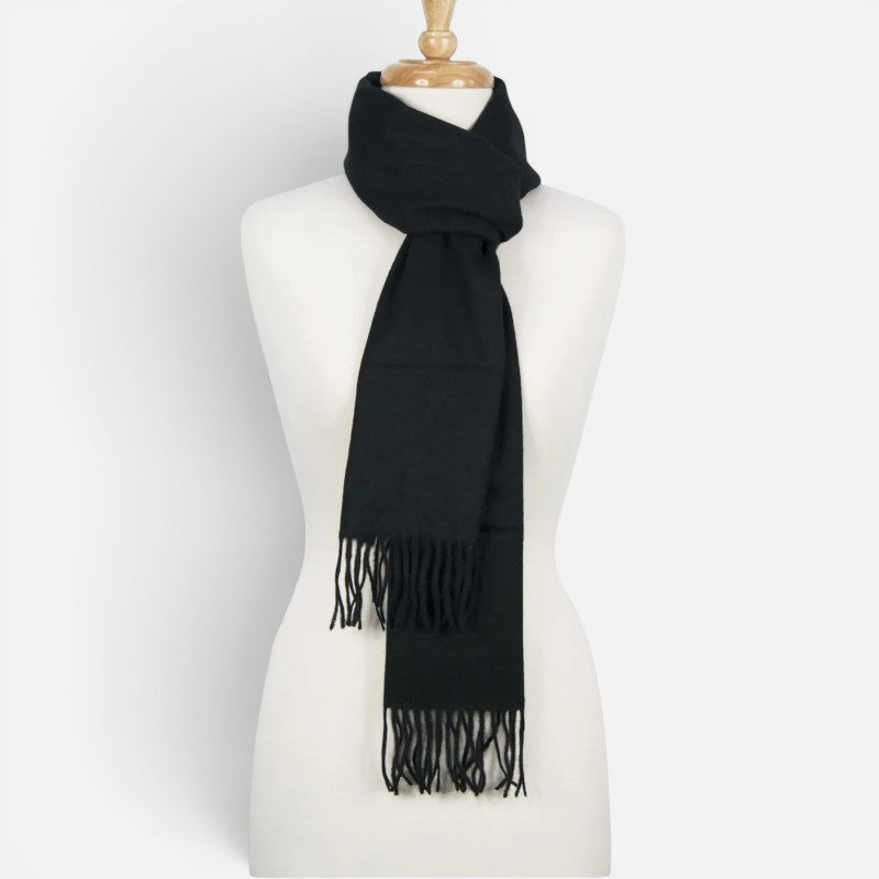 Black 100% cashmere scarf with fringed ends, made in Scotland