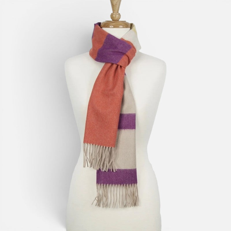 Pink, coral and purple checked cashmere scarf with fringed ends