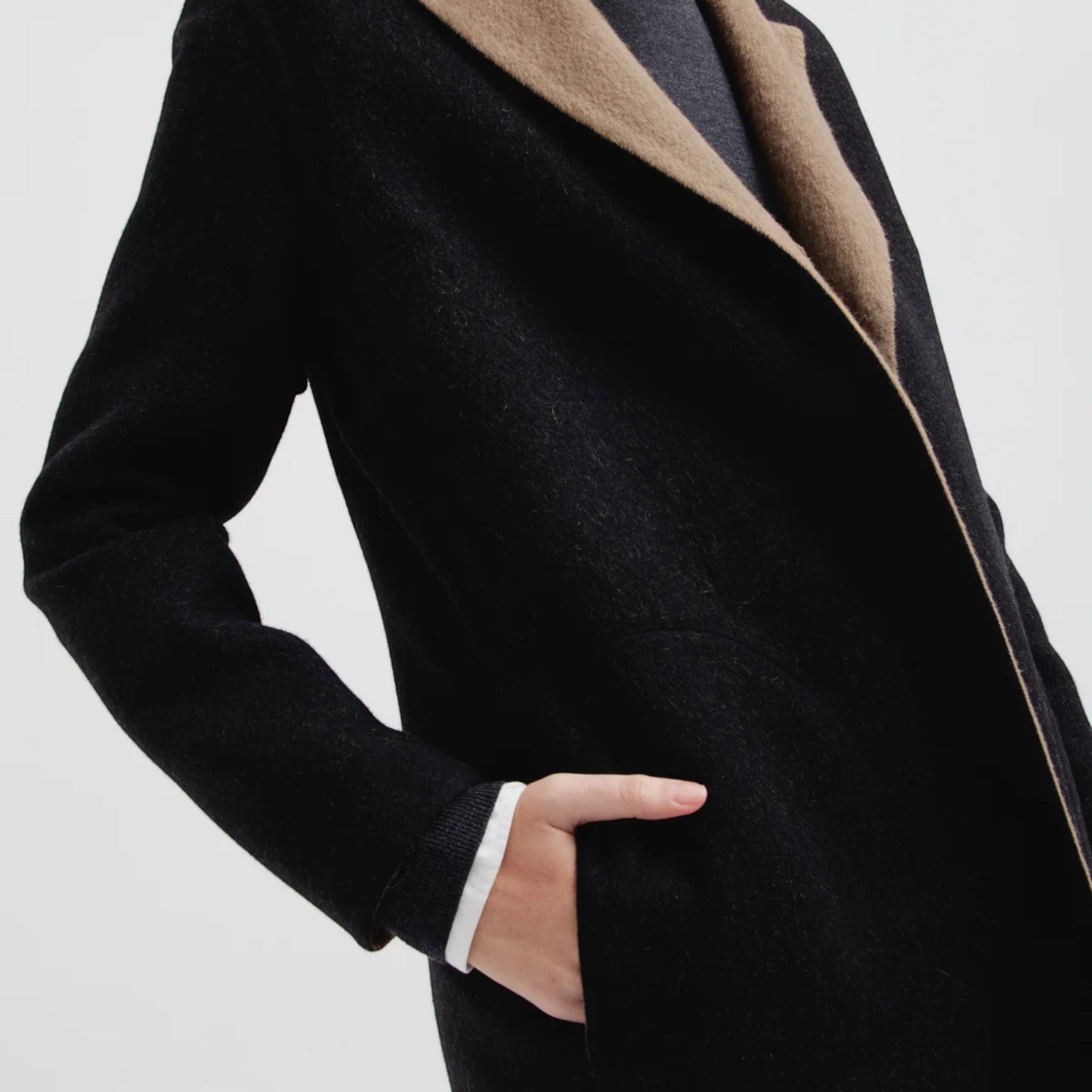Reversible Caviar Baby Alpaca Coat styled in classic black