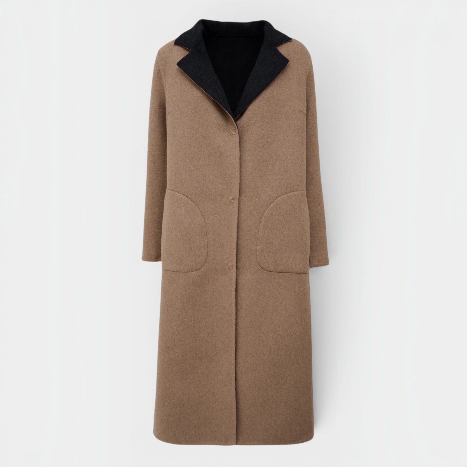 Women’s luxury alpaca winter coat with black and camel reversible design