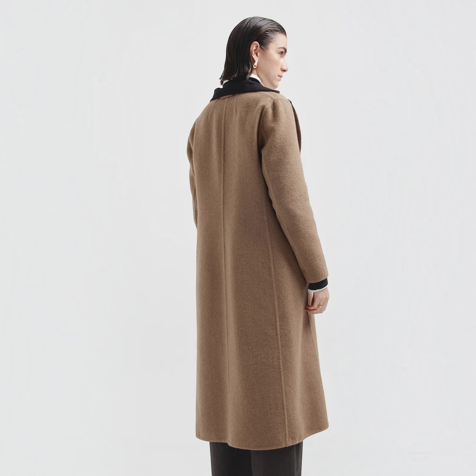 Women’s reversible alpaca blend coat with contrasting lapels and gold buttons
