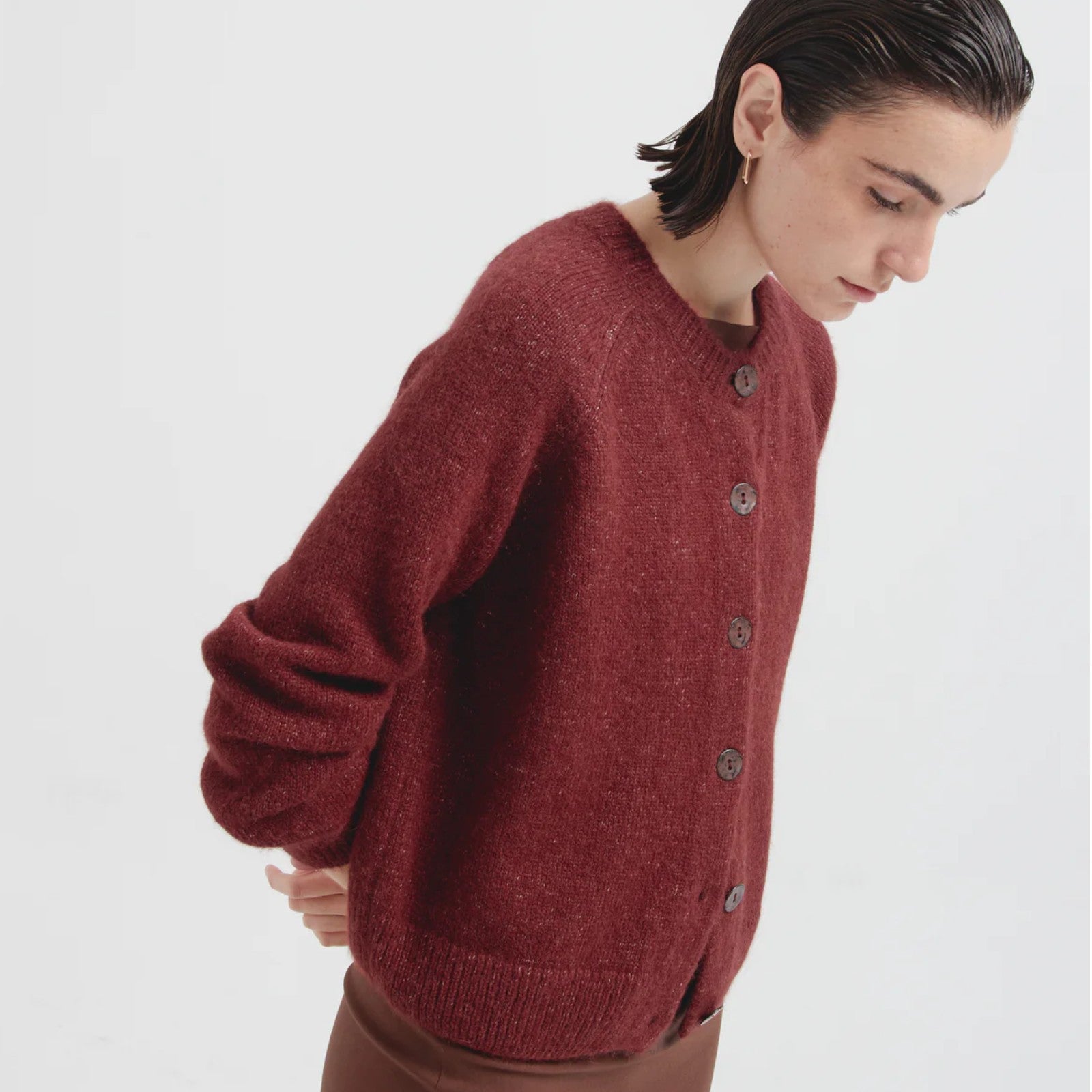 Kuna Celeste Suri Alpaca and Pima Cotton Cardigan in rich burgundy
