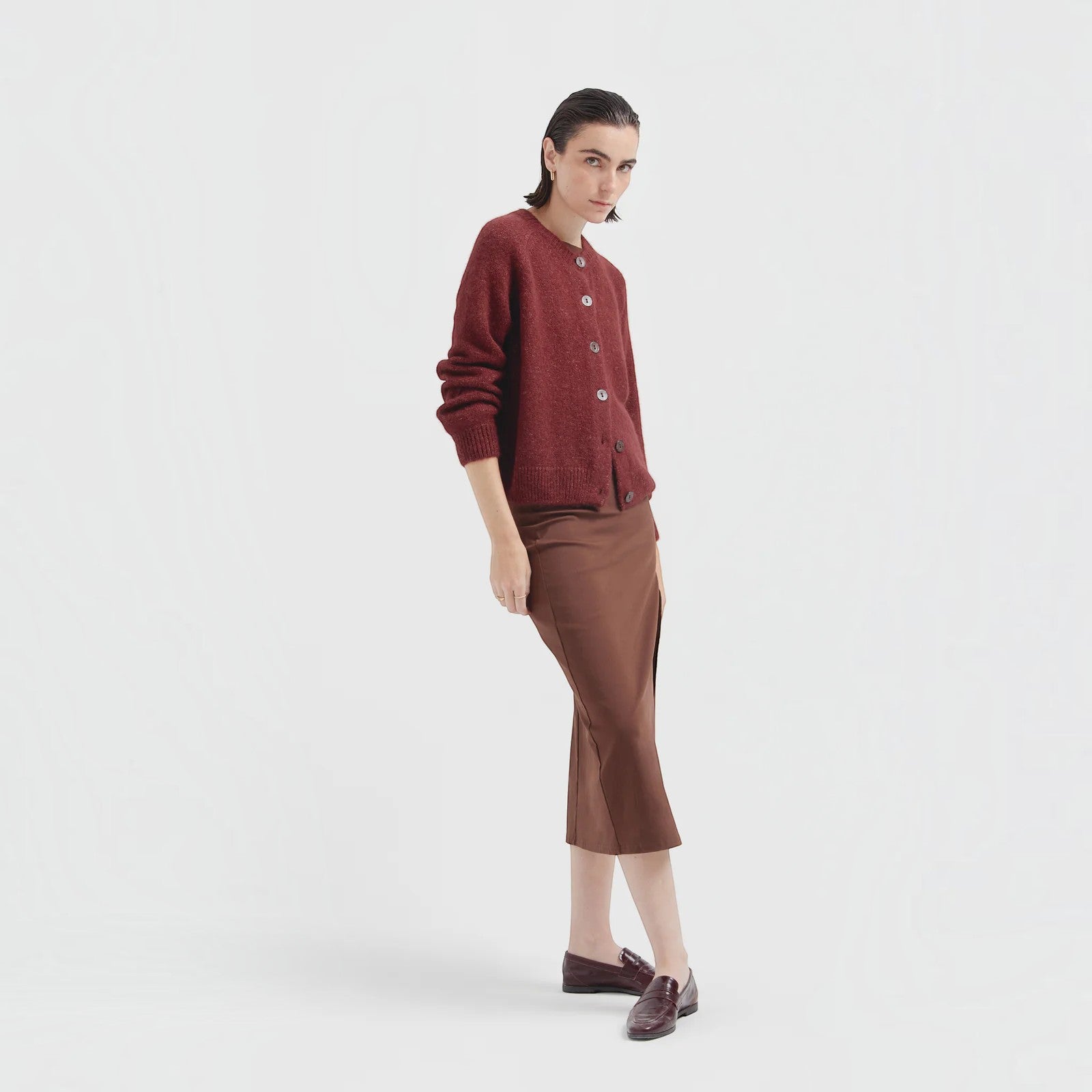 Women’s Suri Alpaca and Pima Cotton knit cardigan in burgundy