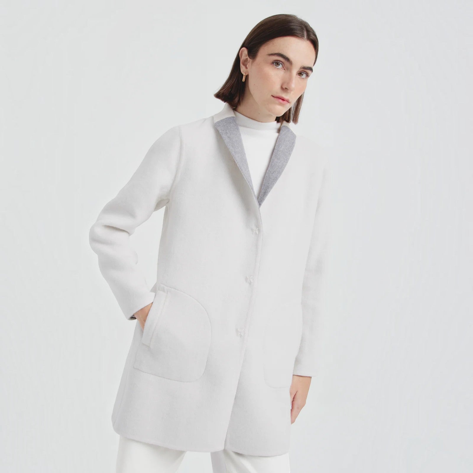 Grey and white Chantal Baby Alpaca Coat with straight-cut silhouette