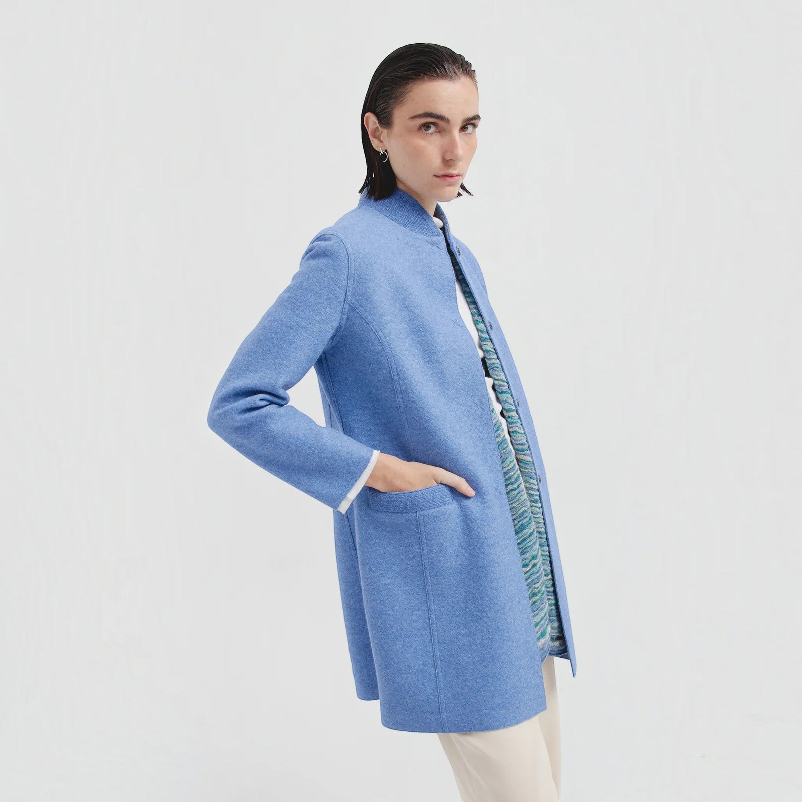 Women’s light blue alpaca wool coat with Nehru-style collar and side pockets