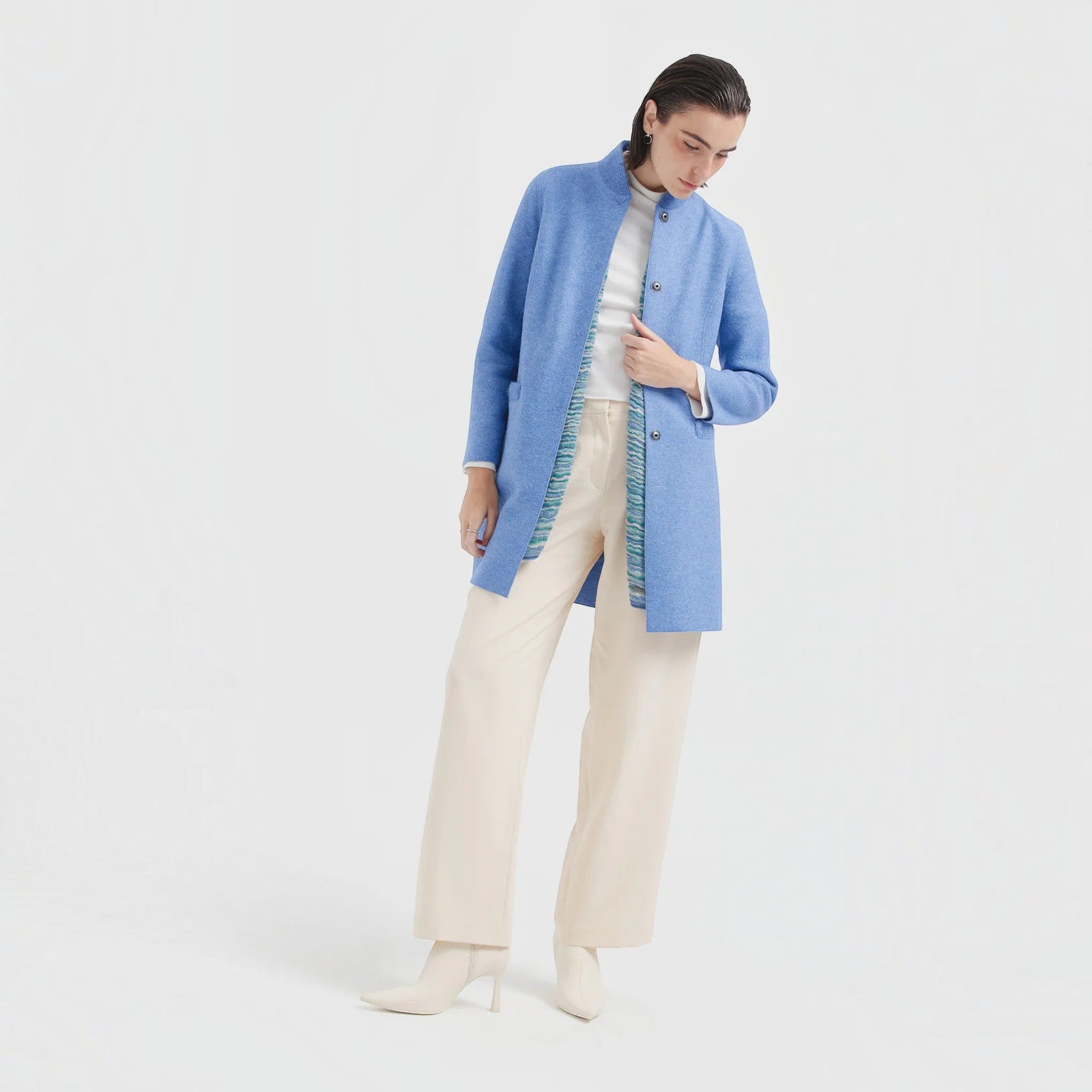 Light blue women’s Alpaca and Wool Coat with minimalist front design