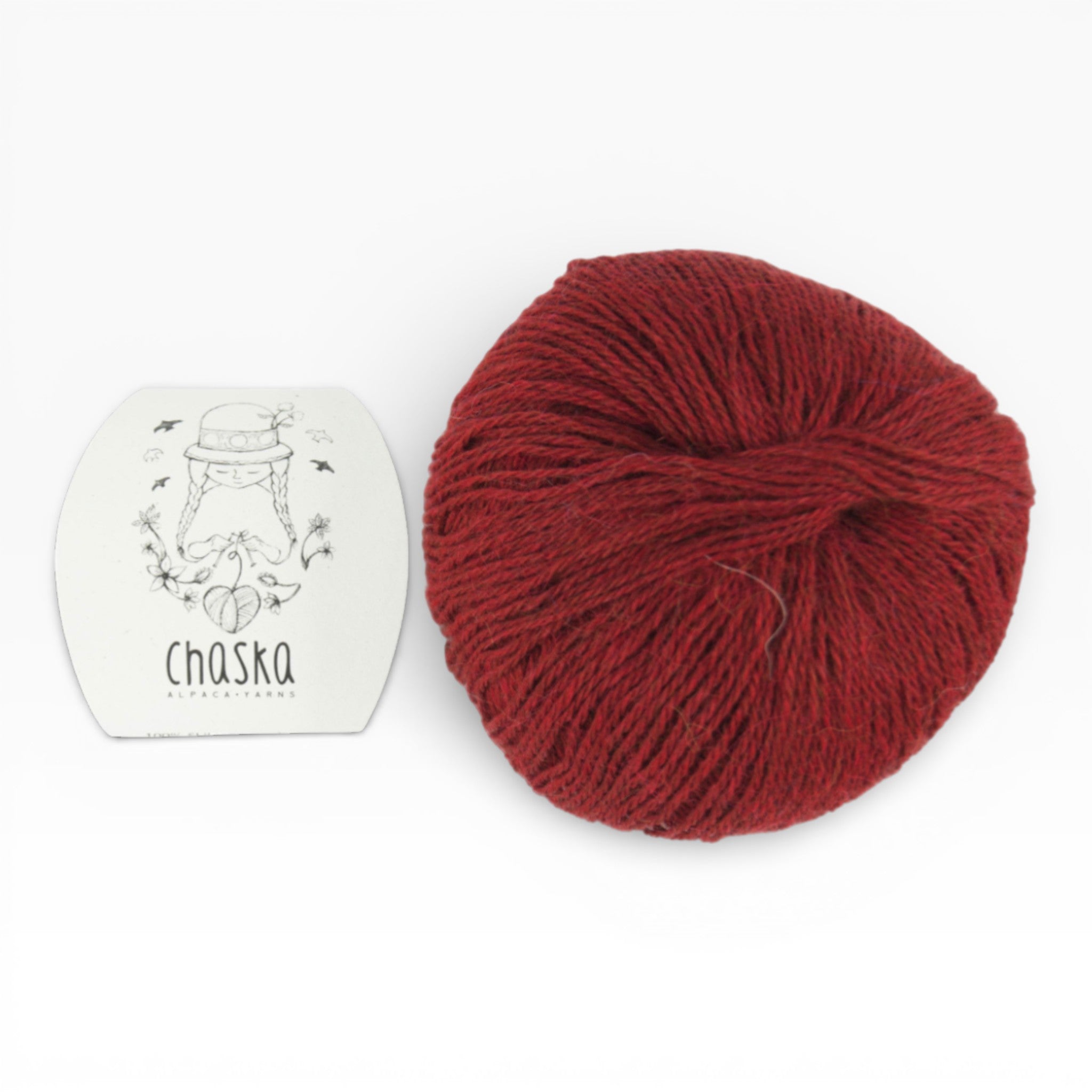Red skein of yarn with a 'Chaska' label on a white background