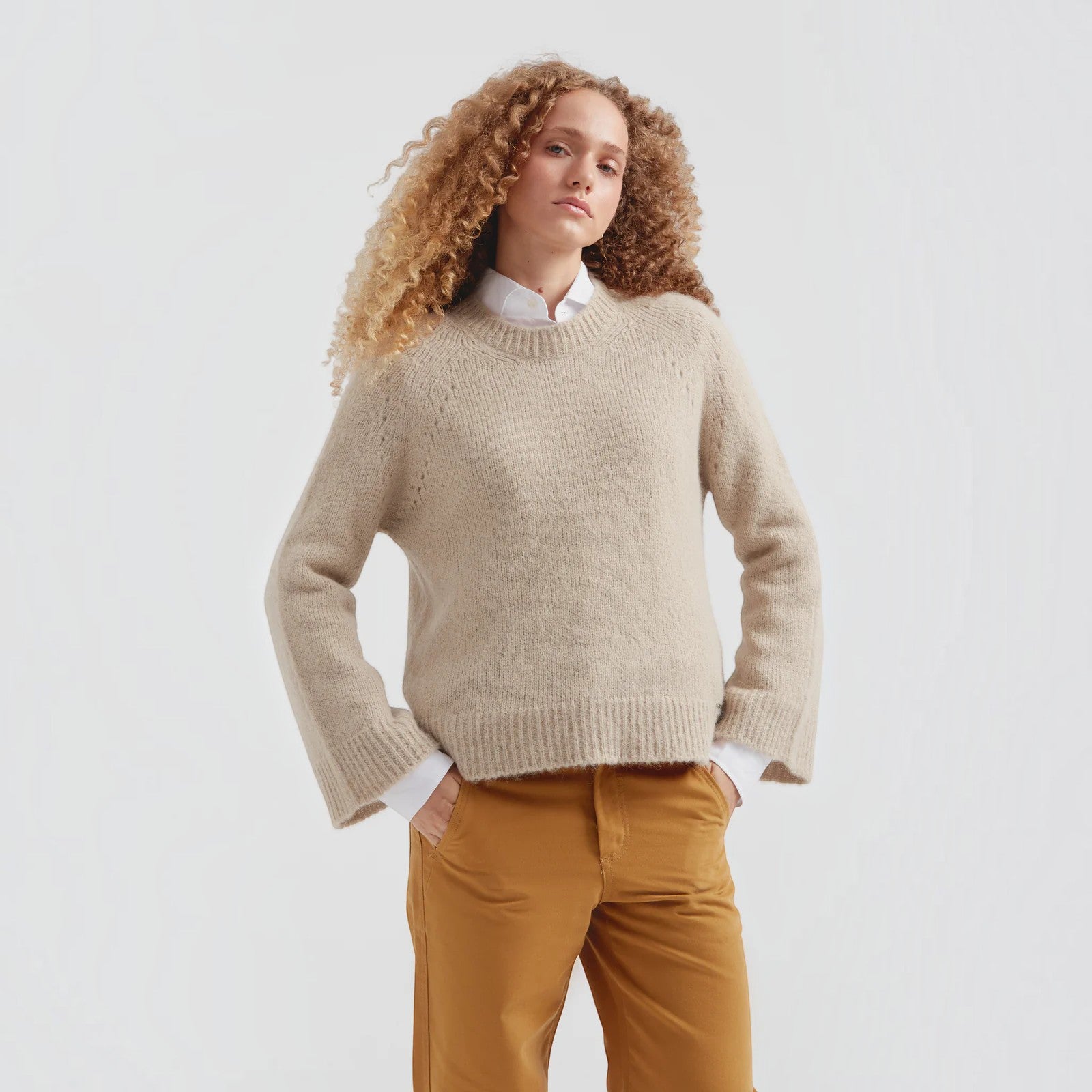 Kuna Cherry alpaca blend crew neck sweater with wide ribbed cuffs