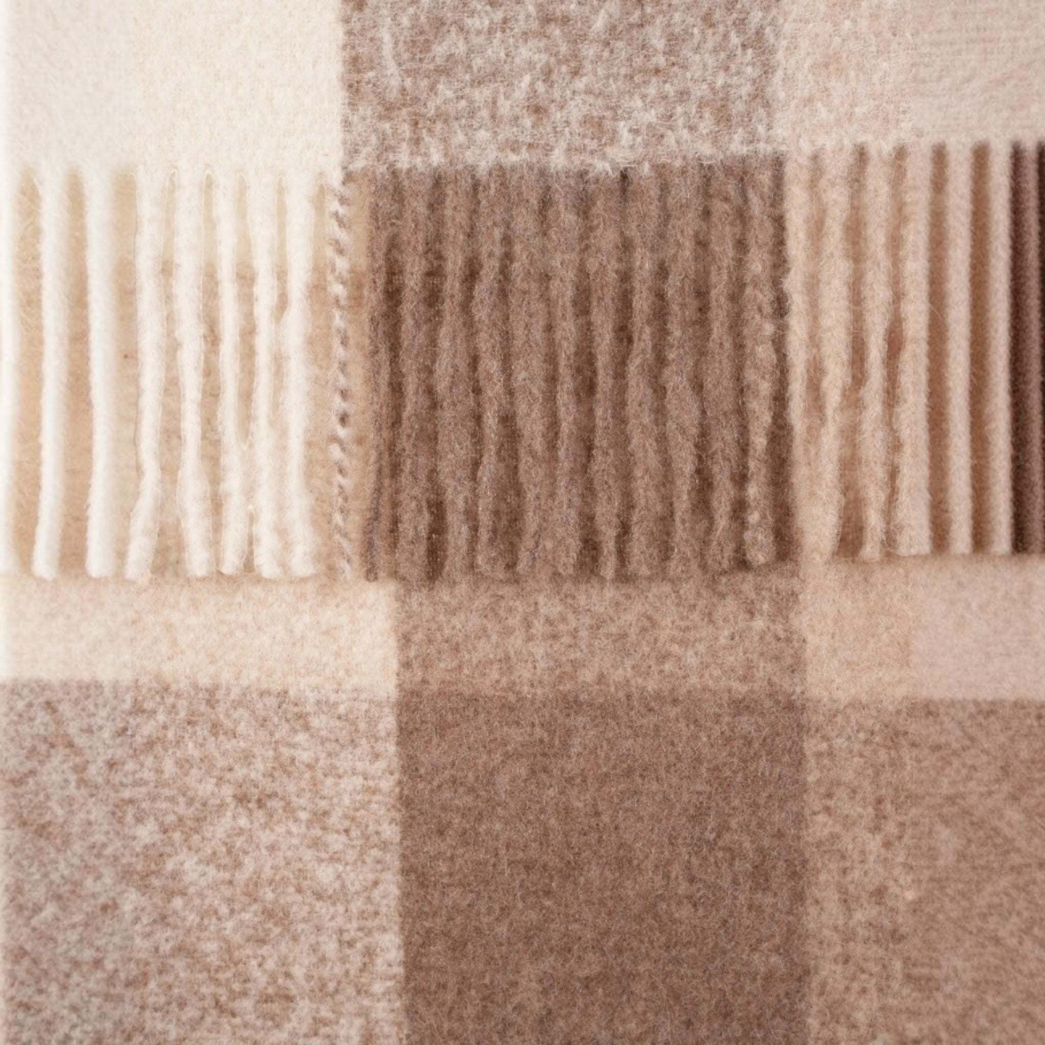 Swatch of Brown and beige oversized plaid alpaca scarf with fringe