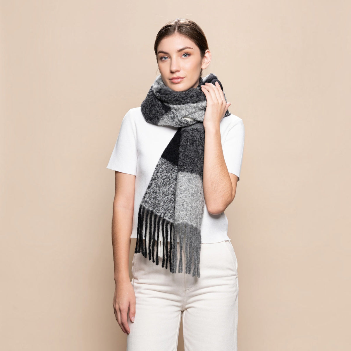 Chunky alpaca blend plaid scarf in black, grey and white