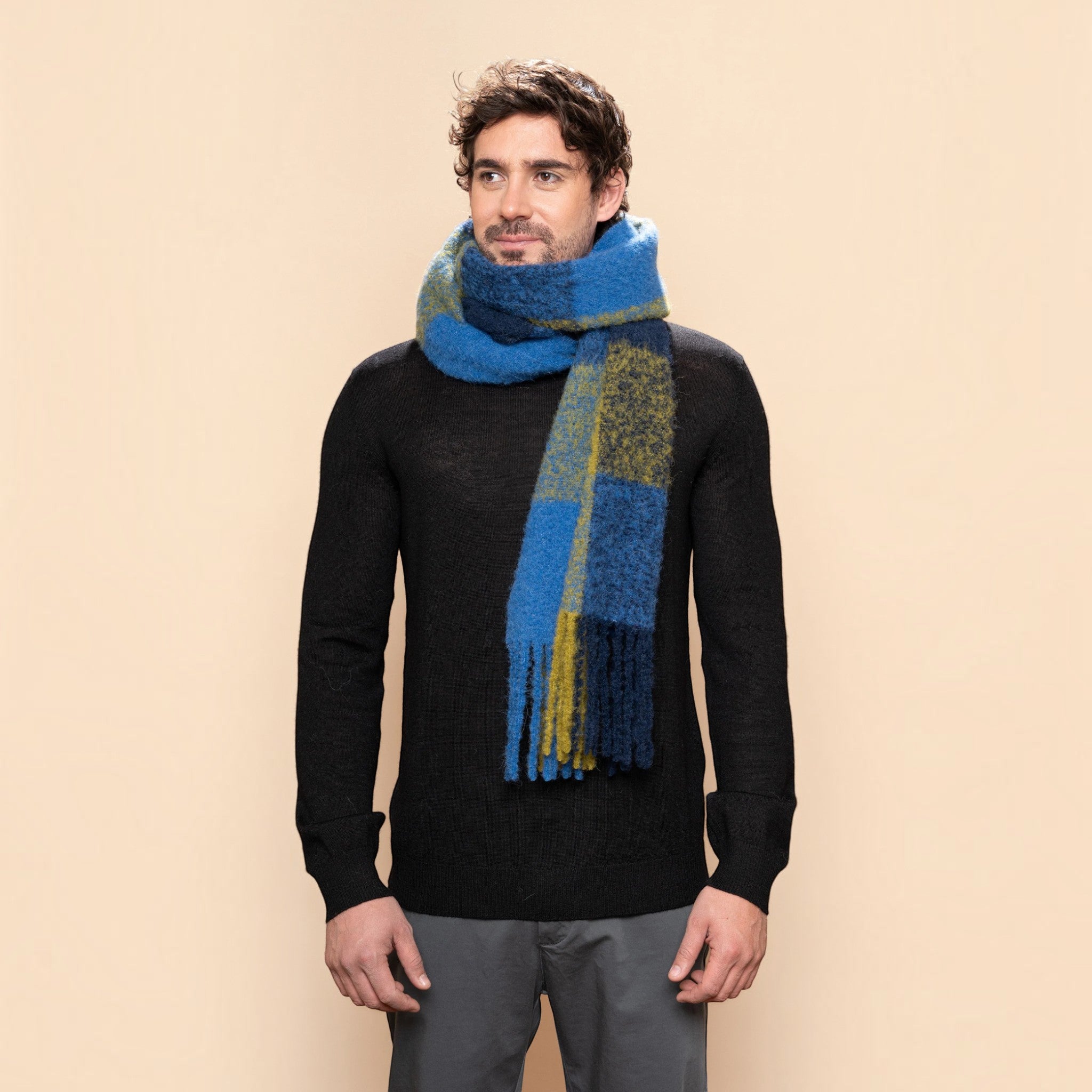 Chunky alpaca blend plaid scarf in navy, blue and green