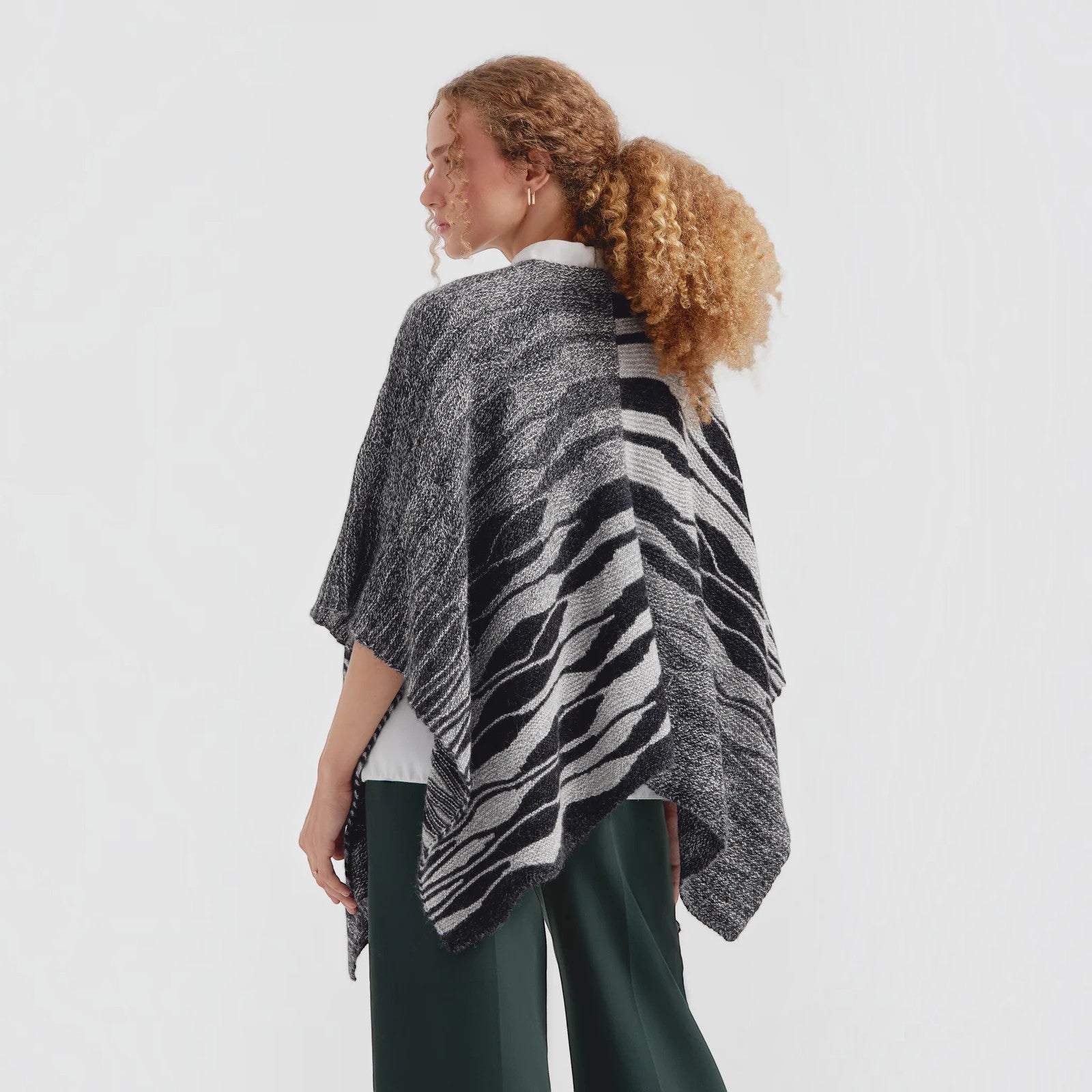Clarissa black and grey alpaca cape with soft flowing silhouette
