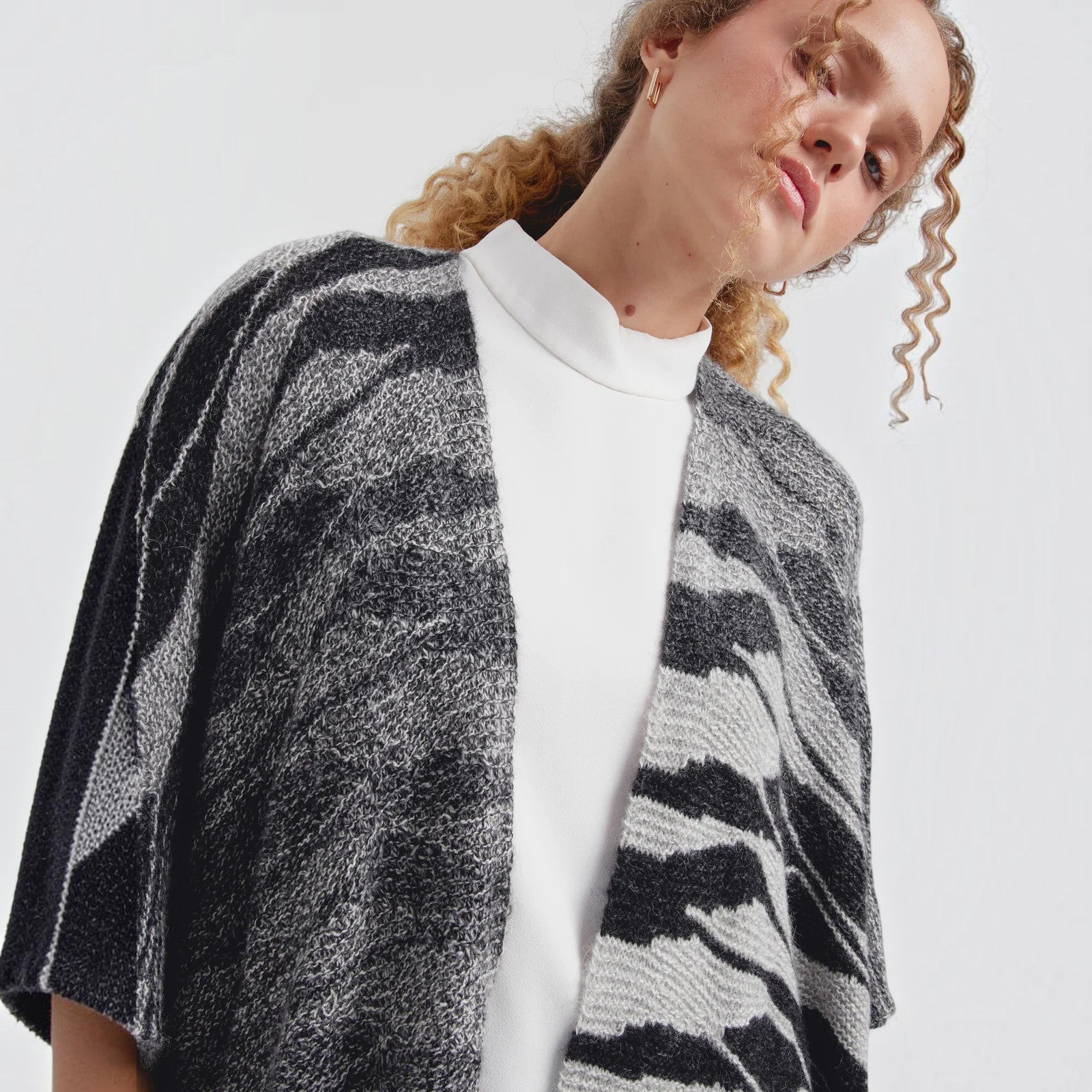 Clarissa patterned alpaca cape with lightweight warmth and relaxed drape