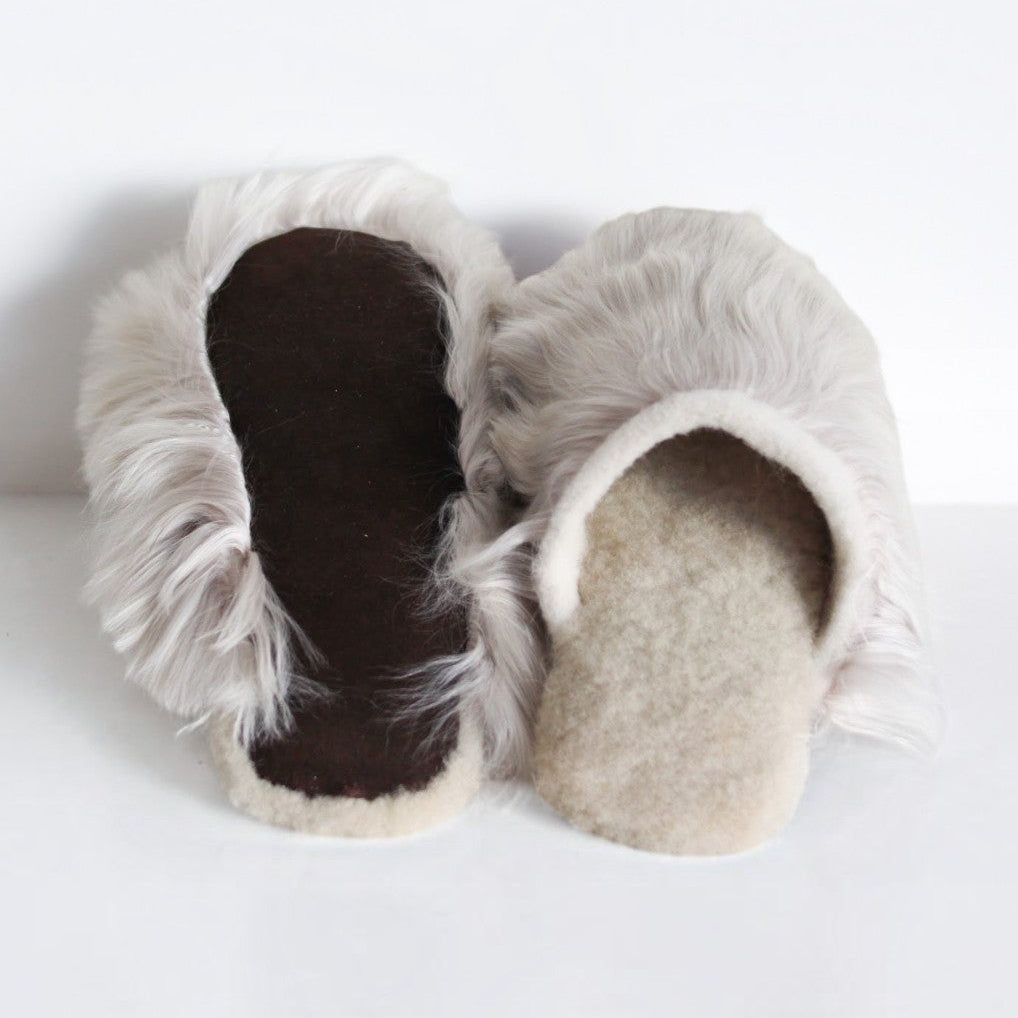 Classic sand Suri alpaca fur slippers with silky soft uppers and leather soles