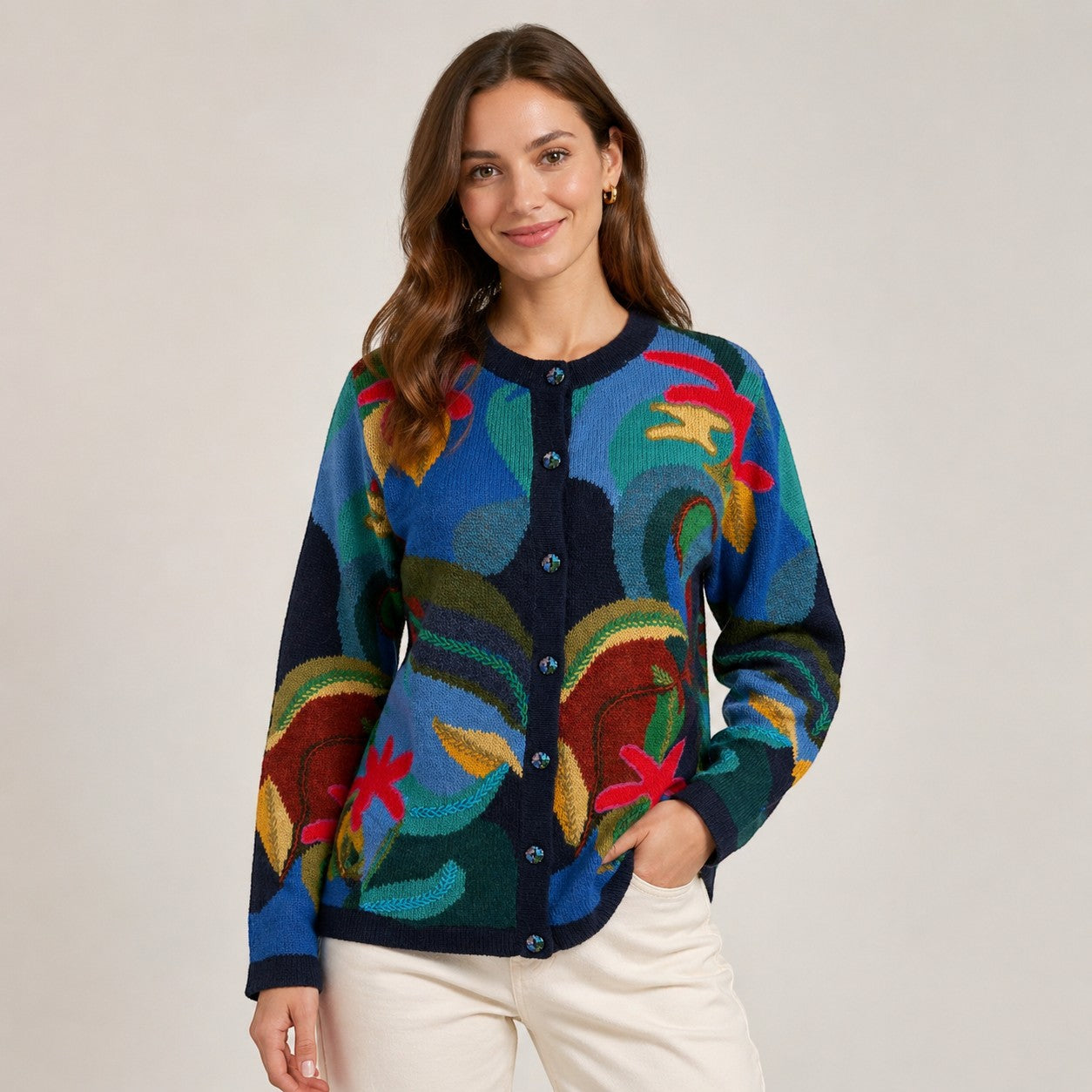 Lady wearing bright intarsia cardigan with button front