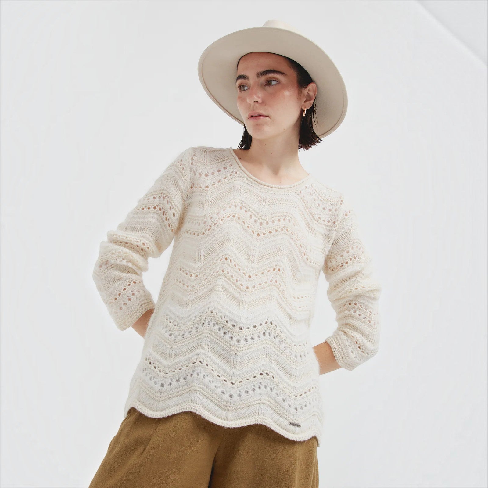 Cristal Baby Alpaca and Suri Alpaca Sweater in ivory with pointelle knit detail