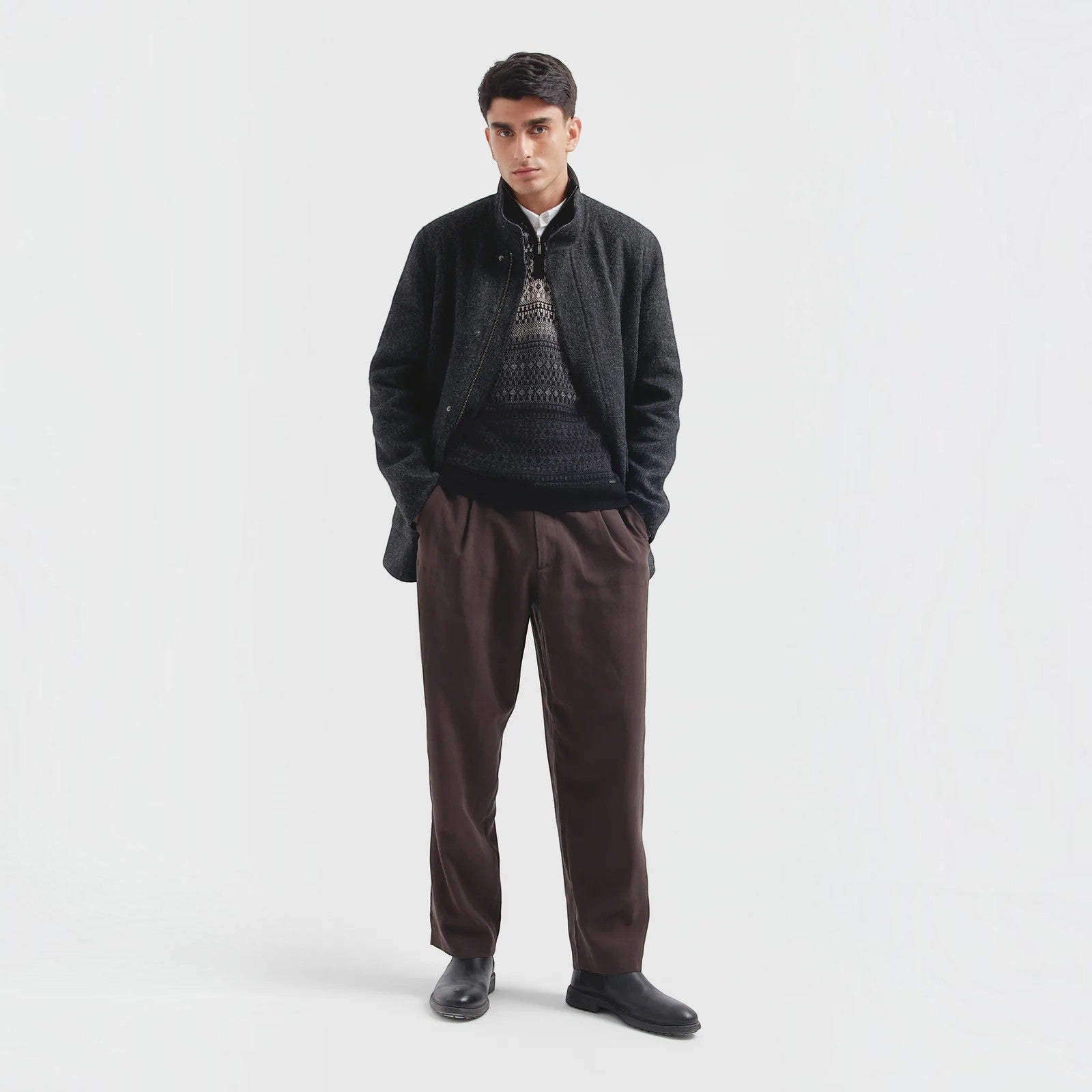 Men’s charcoal winter coat crafted from Baby Alpaca and Wool