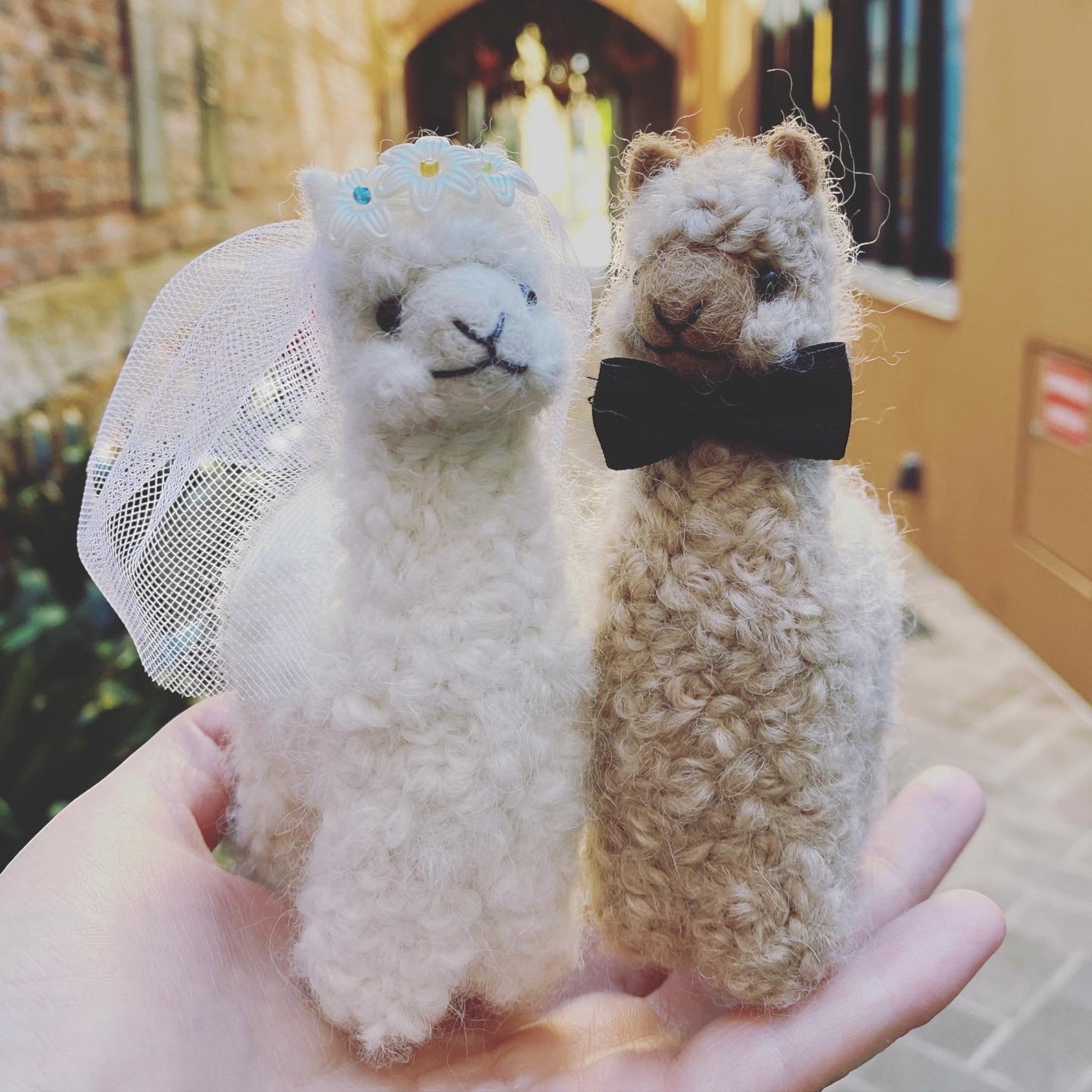 Bride and groom needle-felted alpacas in wedding attire