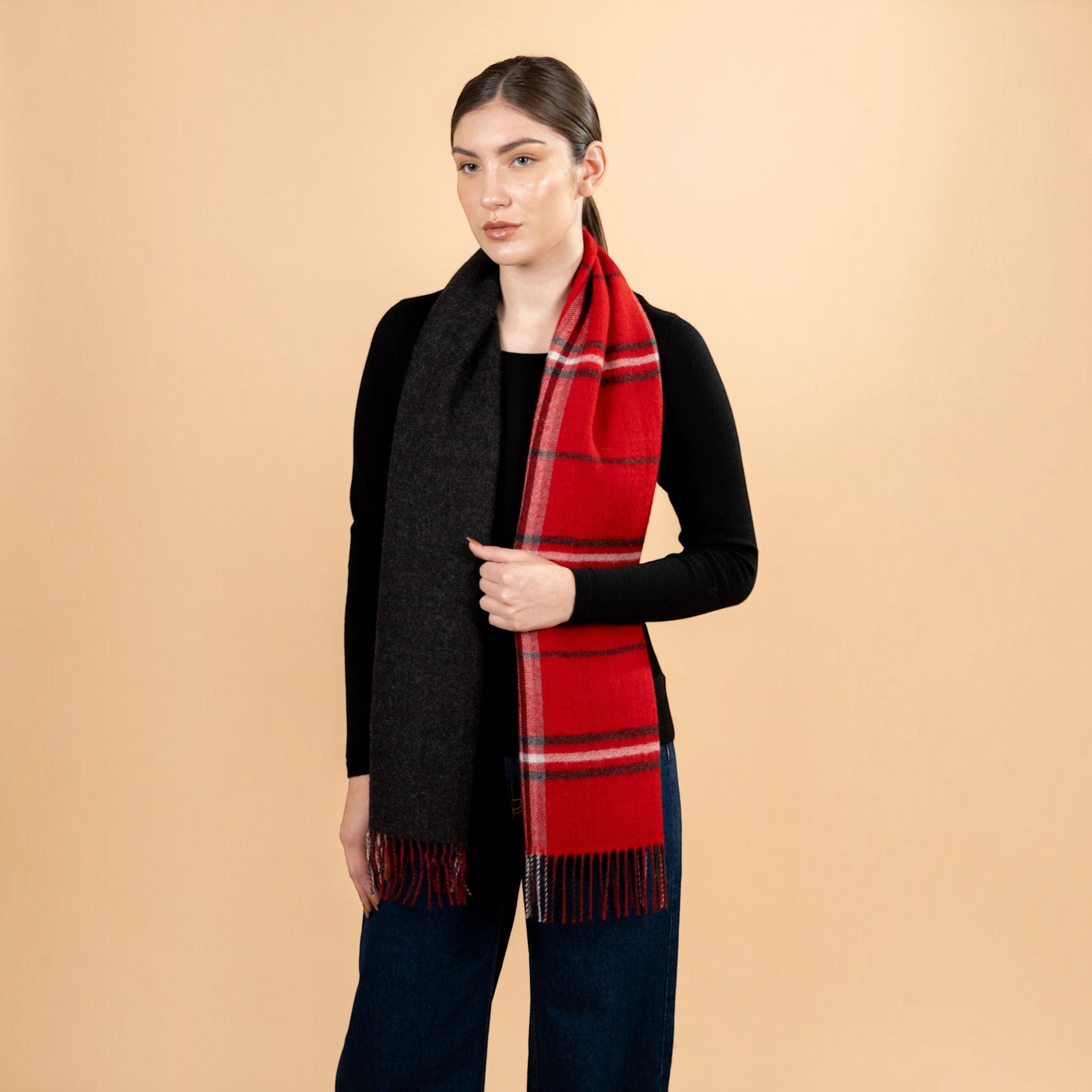 Black and red double face Baby Alpaca plaid scarf with brushed finish and twisted fringes