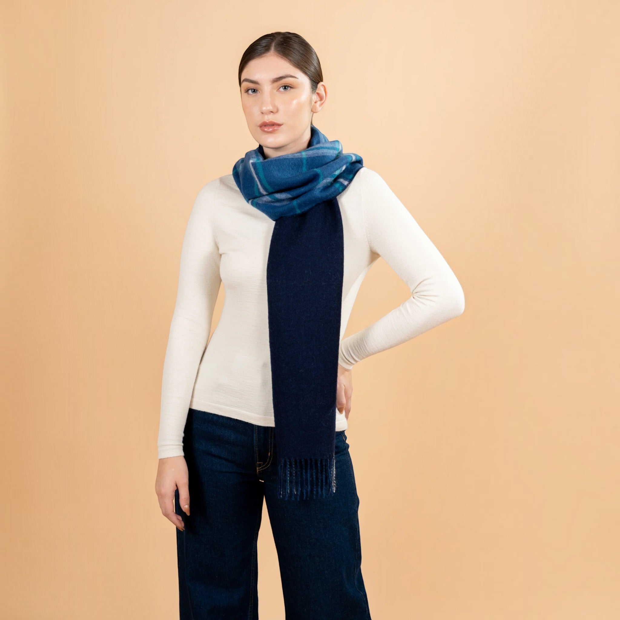 Luxury blue and navy plaid scarf in 99% Baby Alpaca and 1% Silk with fringed ends