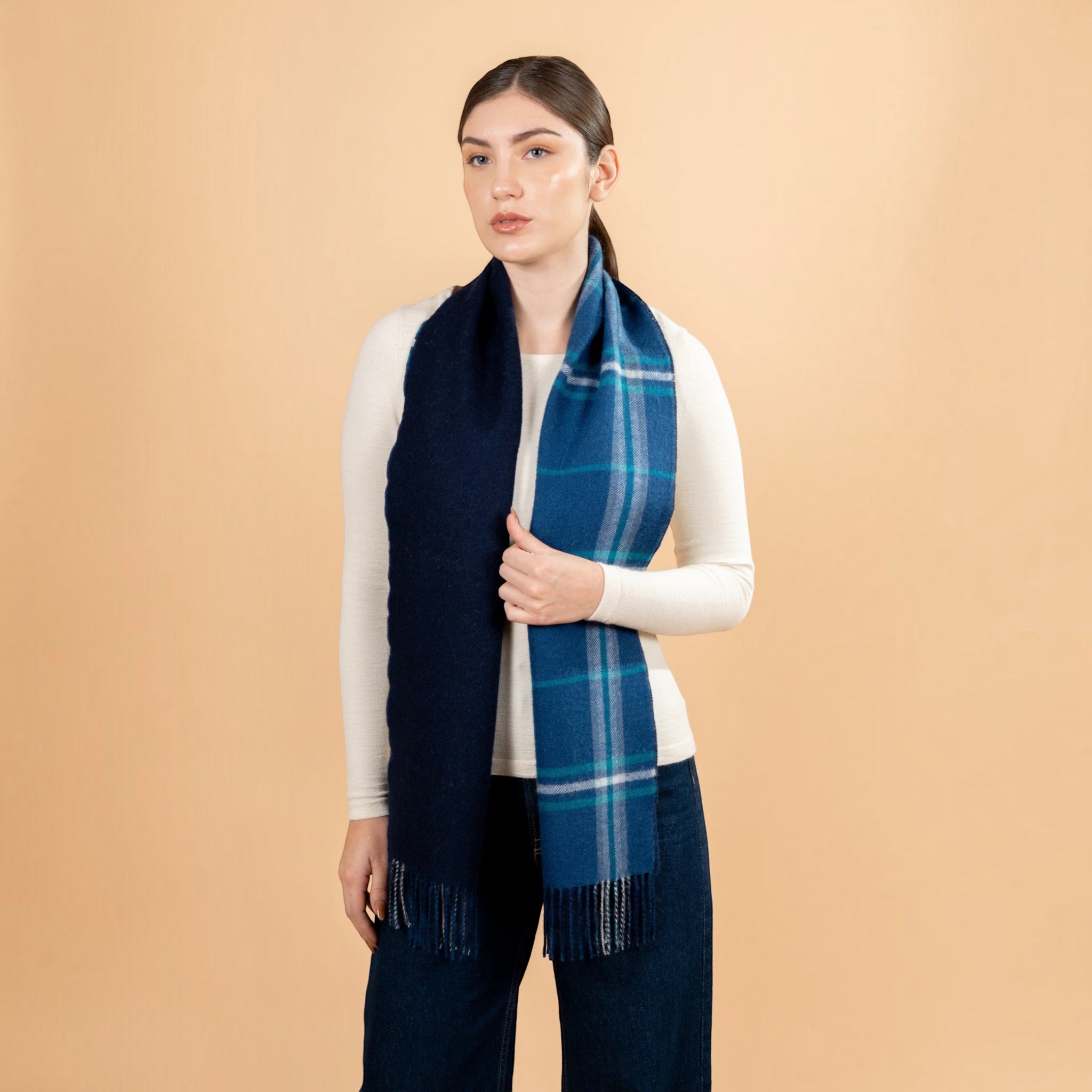 Blue and navy double face Baby Alpaca plaid scarf with brushed finish and twisted fringes
