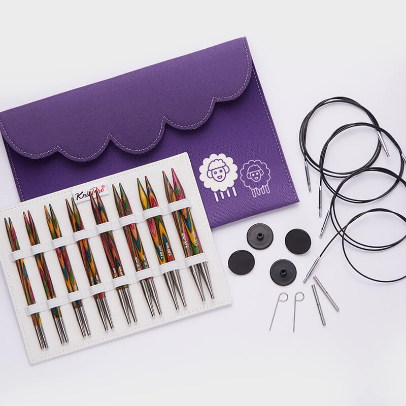 KnitPro interchangeable needle set showing cables, end caps and tightening keys.