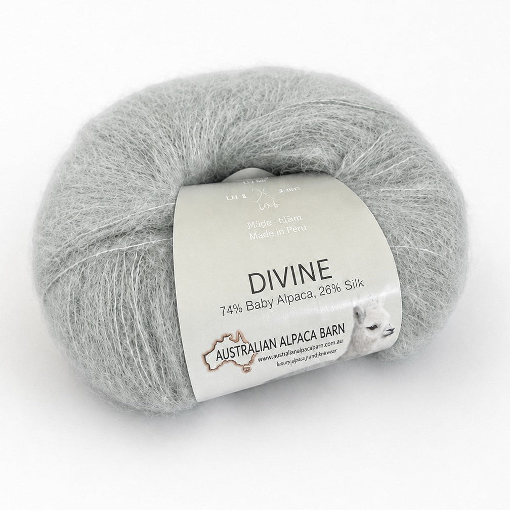 Australian Alpaca Barn Divine yarn in Pearl Grey, a soft 74% baby alpaca and 26% silk blend with a delicate fluffy halo.