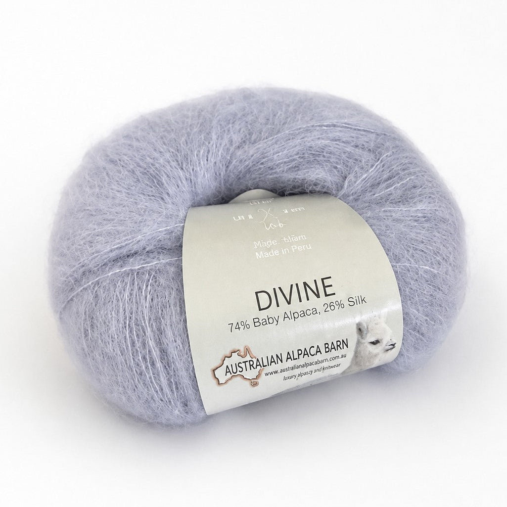 Australian Alpaca Barn Divine yarn in Silver Blue, a soft 74% baby alpaca and 26% silk blend with a delicate fluffy halo.