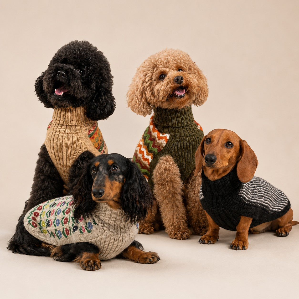 Four dogs wearing colourful alpaca sweaters, dog coats for warmth