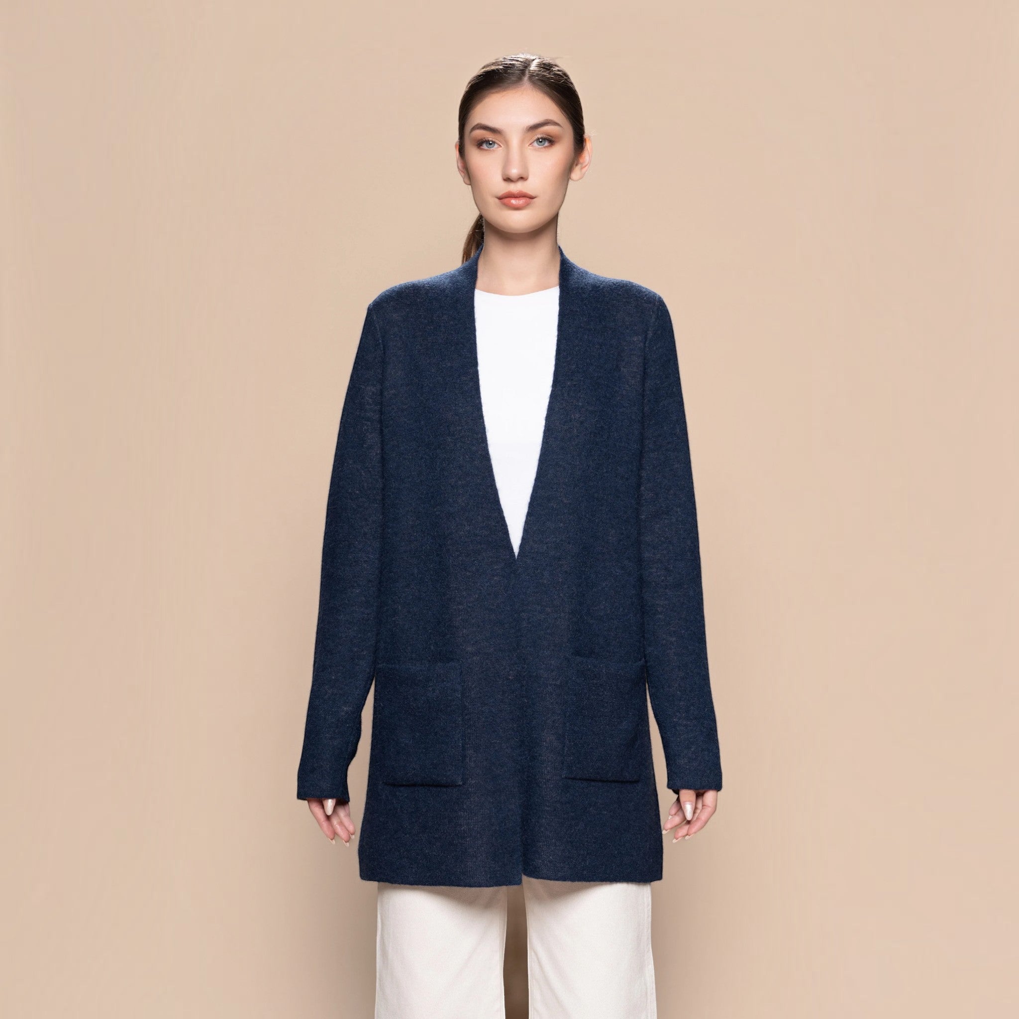 Reversible Baby Alpaca cardigan showing the contrasting Navy Colour