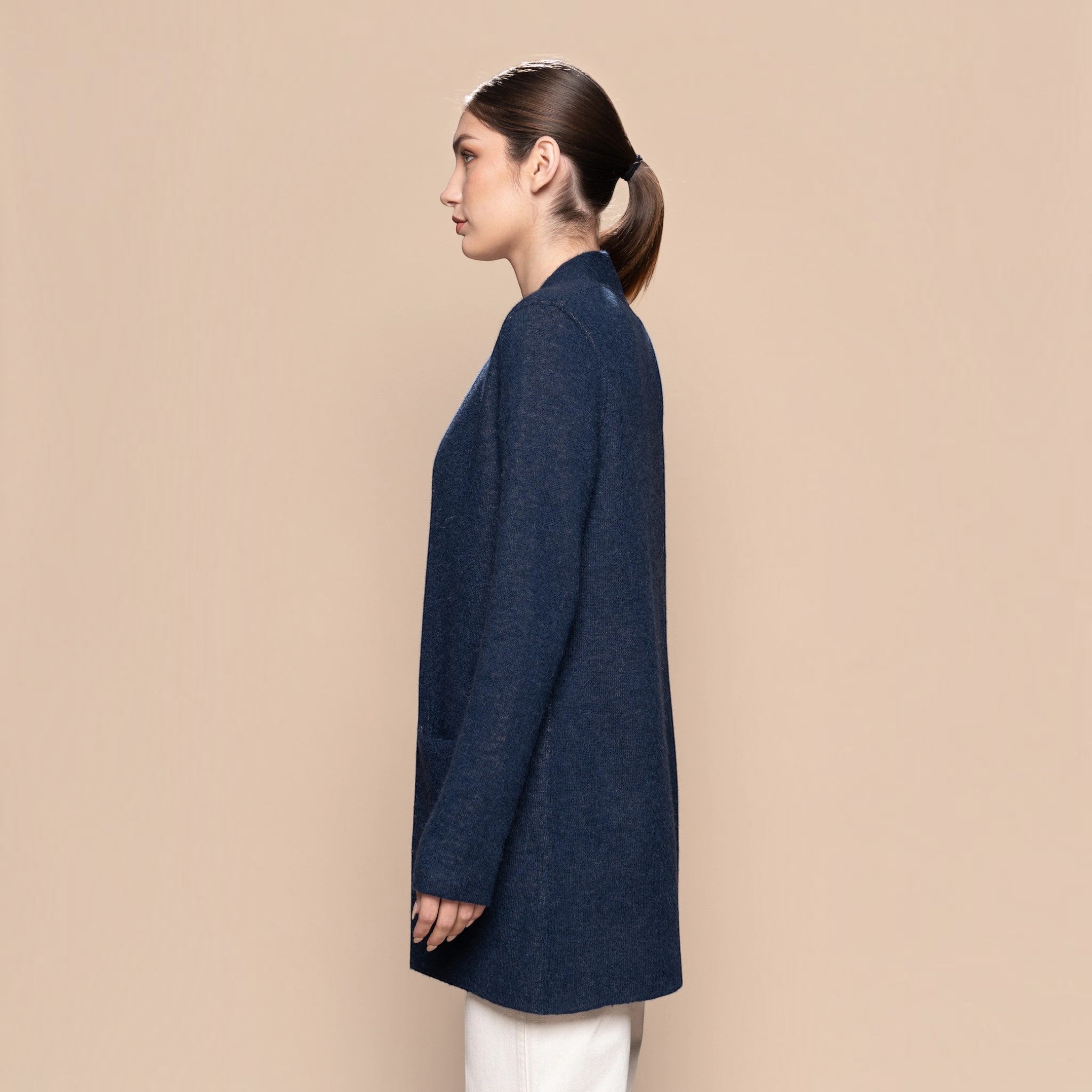 Reversible Baby Alpaca cardigan showing the Navy side vew