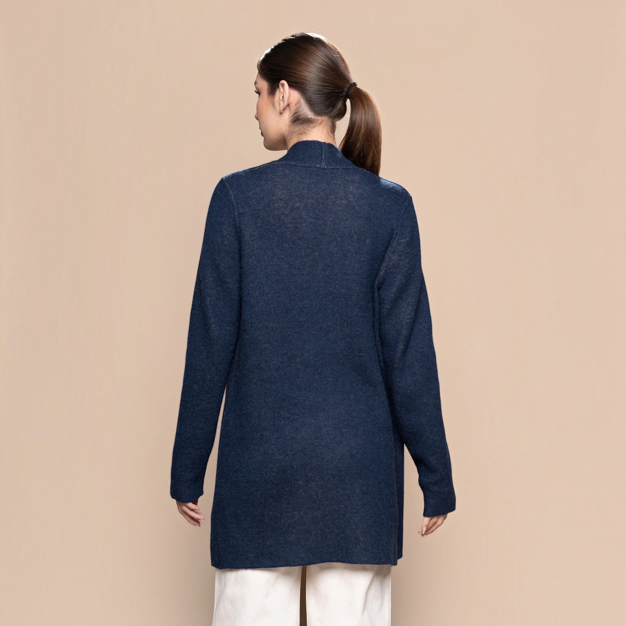 Double-faced reversible Baby Alpaca swing cardigan Navy Side Back view