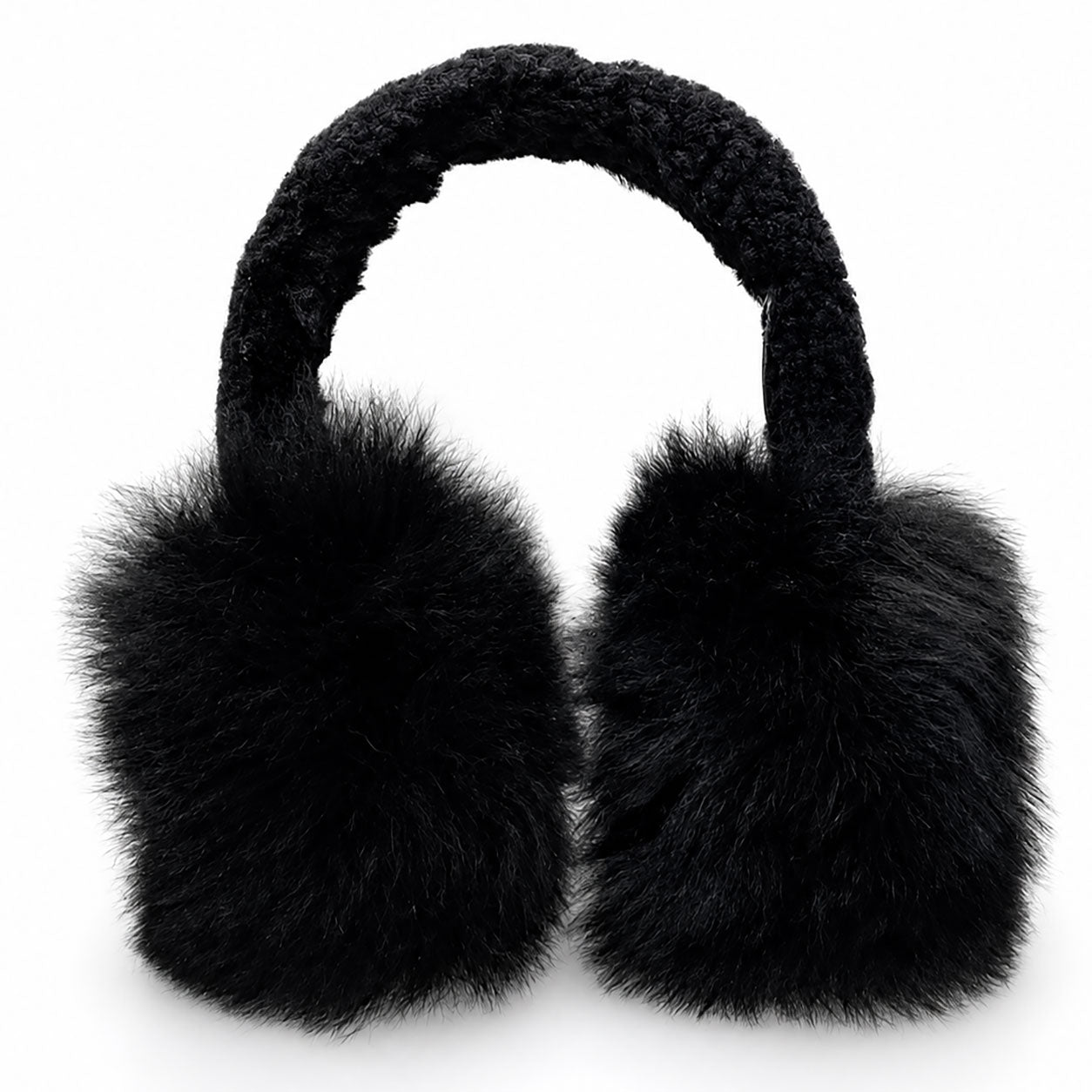 Soft alpaca ear muffs in black with fluffy fur finish, warm winter accessory.