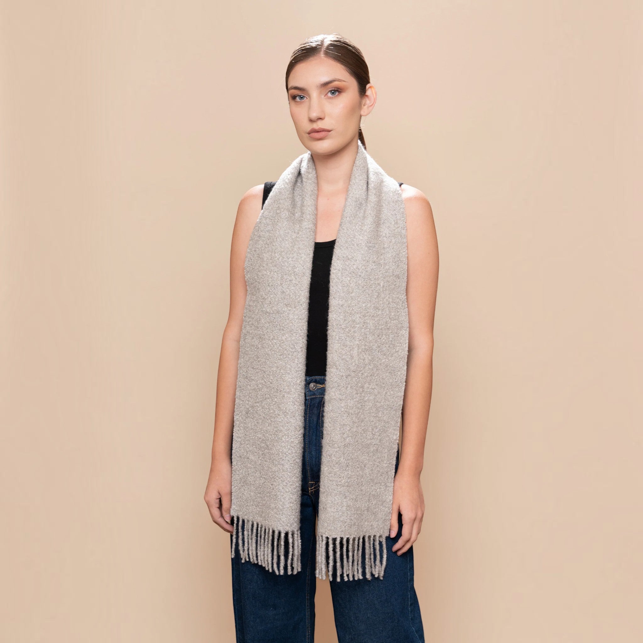 Undyed mid grey bouclé scarf in Baby Alpaca Eco and Silk Eco with twisted fringe