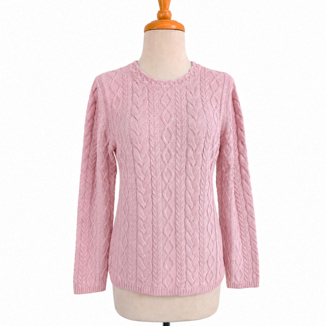 Ladies pink alpaca cable sweater, soft warm winter knitwear.