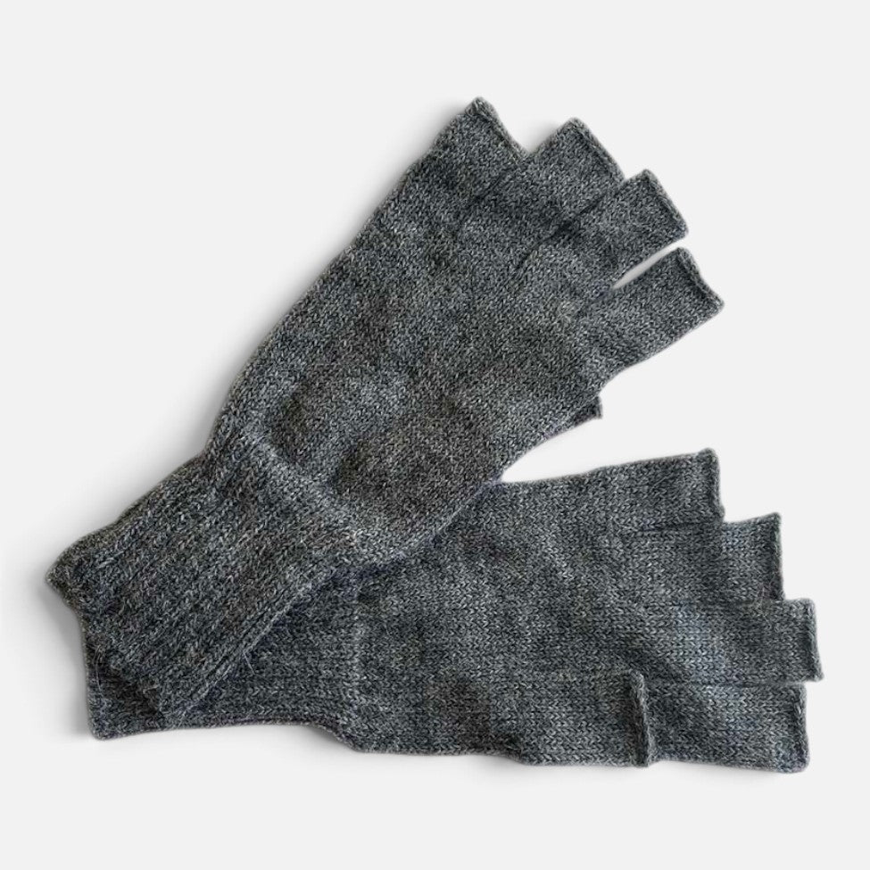 Charlie 100% baby alpaca fingerless gloves in mid grey with long ribbed cuffs