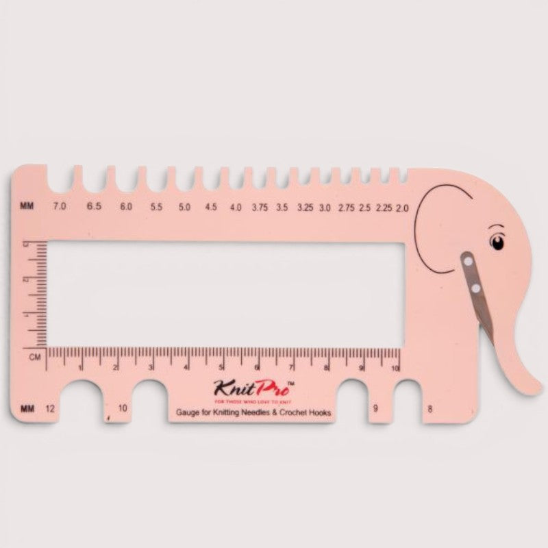 KnitPro yarn cutter and needle gauge for knitting and crochet projects.