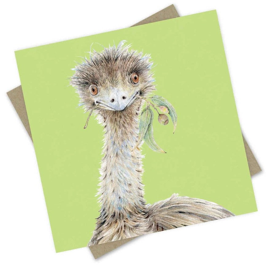 Australian made greeting card featuring a hand-drawn emu holding eucalyptus leaves on a fresh green background