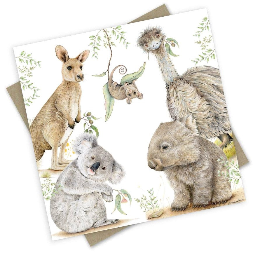 Australian made wildlife greeting card featuring a kangaroo, koala, wombat, emu and possum among native foliage