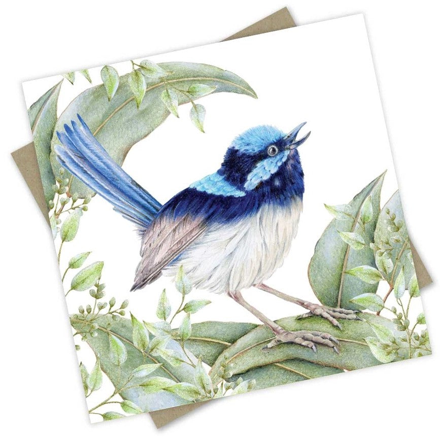 Australian made bird greeting card featuring a blue splendid fairy wren surrounded by hand-drawn eucalyptus leaves
