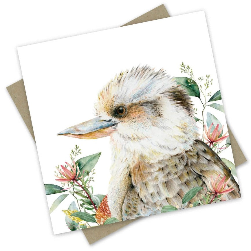 Australian made greeting card featuring a hand-drawn kookaburra surrounded by colourful Australian native flowers