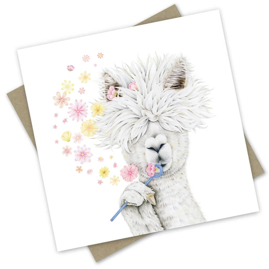 Australian made alpaca greeting card featuring a whimsical white alpaca holding a flower wand among pastel blossoms
