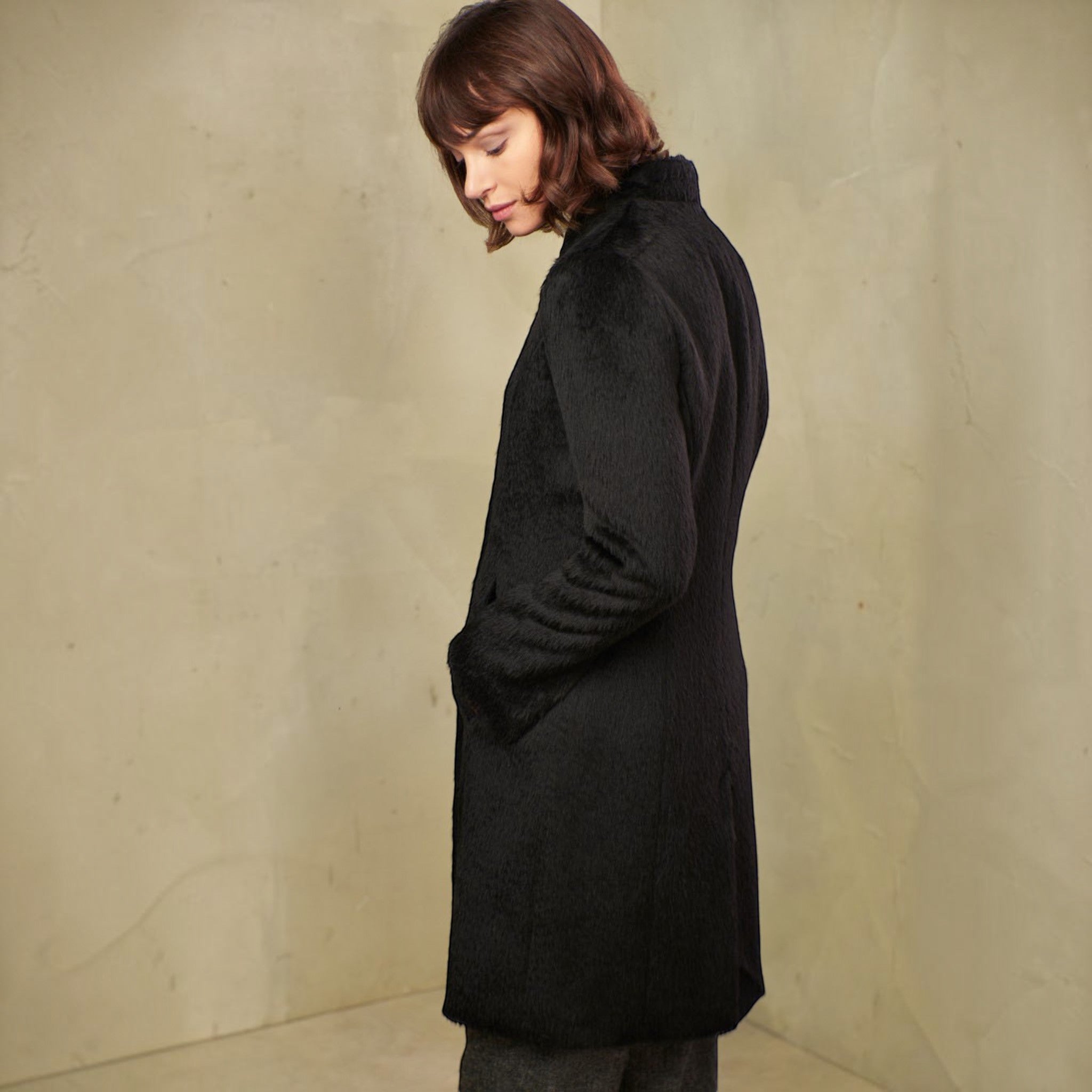 Theory Suri alpaca coat in black with stand collar and concealed front 